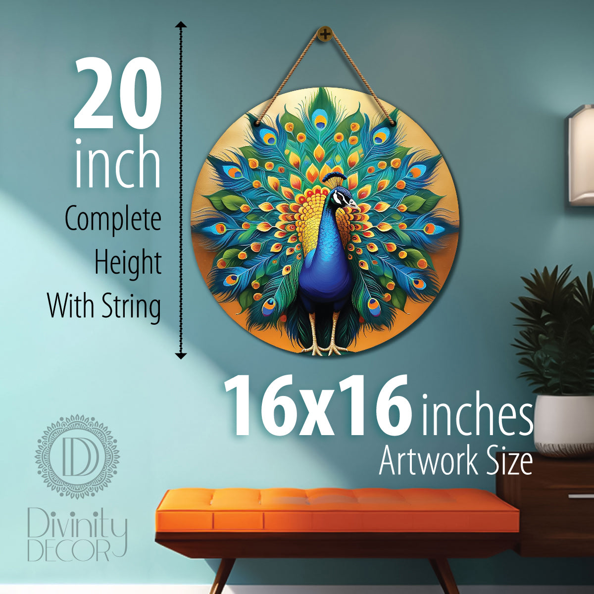 Peacock in green and golden mandala Round Wooden Wall Hanging for wall Décor - Design - 165