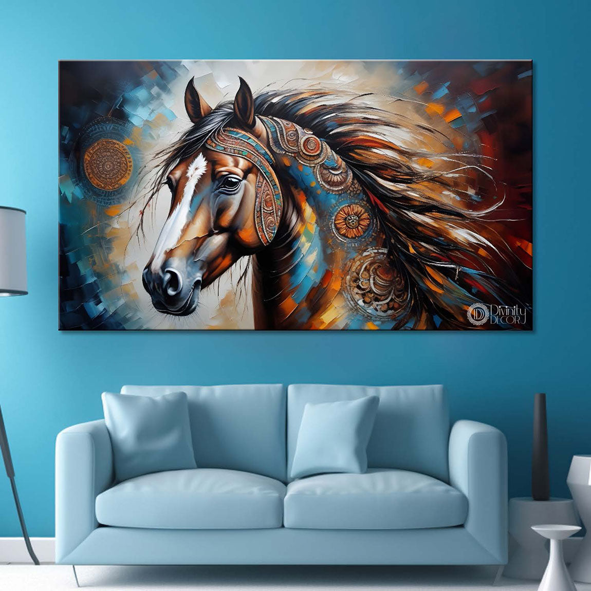 One brown decorated horses in grey textured background art Canvas Painting - Design - Horse-166