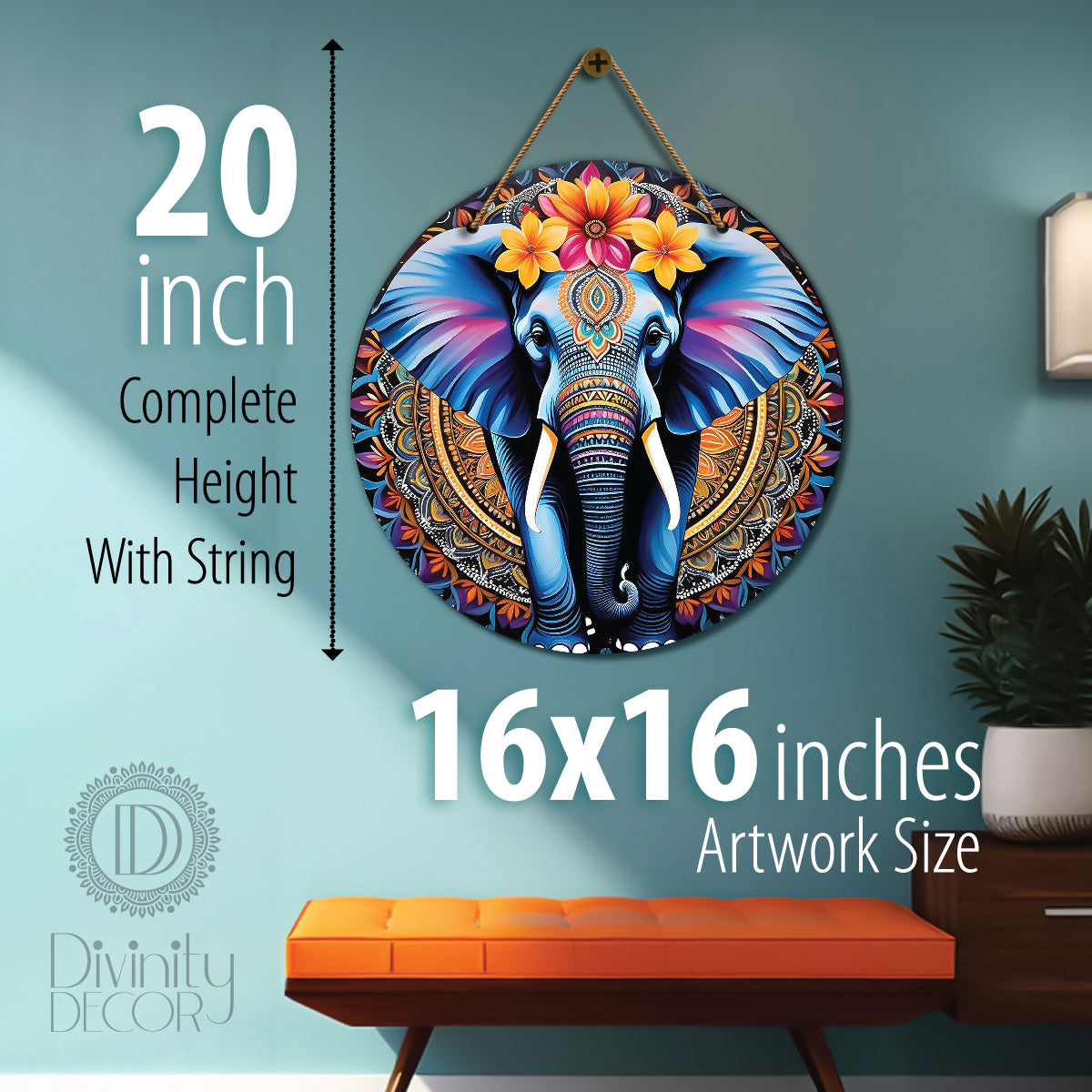 Elephant in orange and purple mandala Round Wooden Wall Hanging for wall Décor - Design - 166