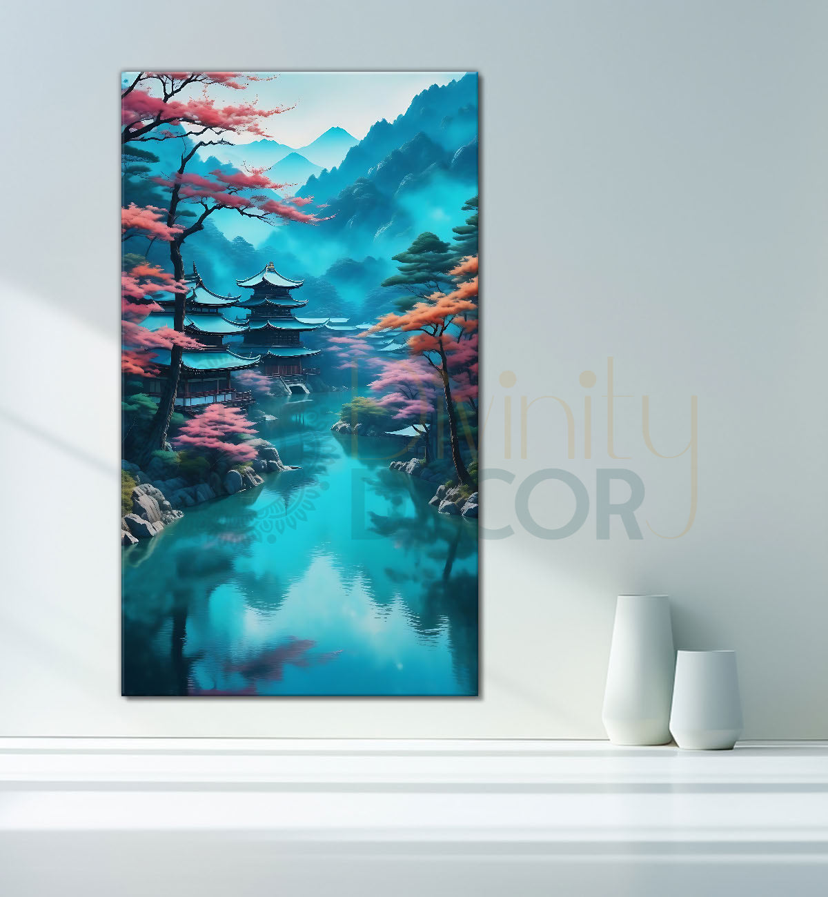 Pink trees with mountains,japanes houses and lake in aqua background in textured natural art Canvas Painting - Nature Art -V-166