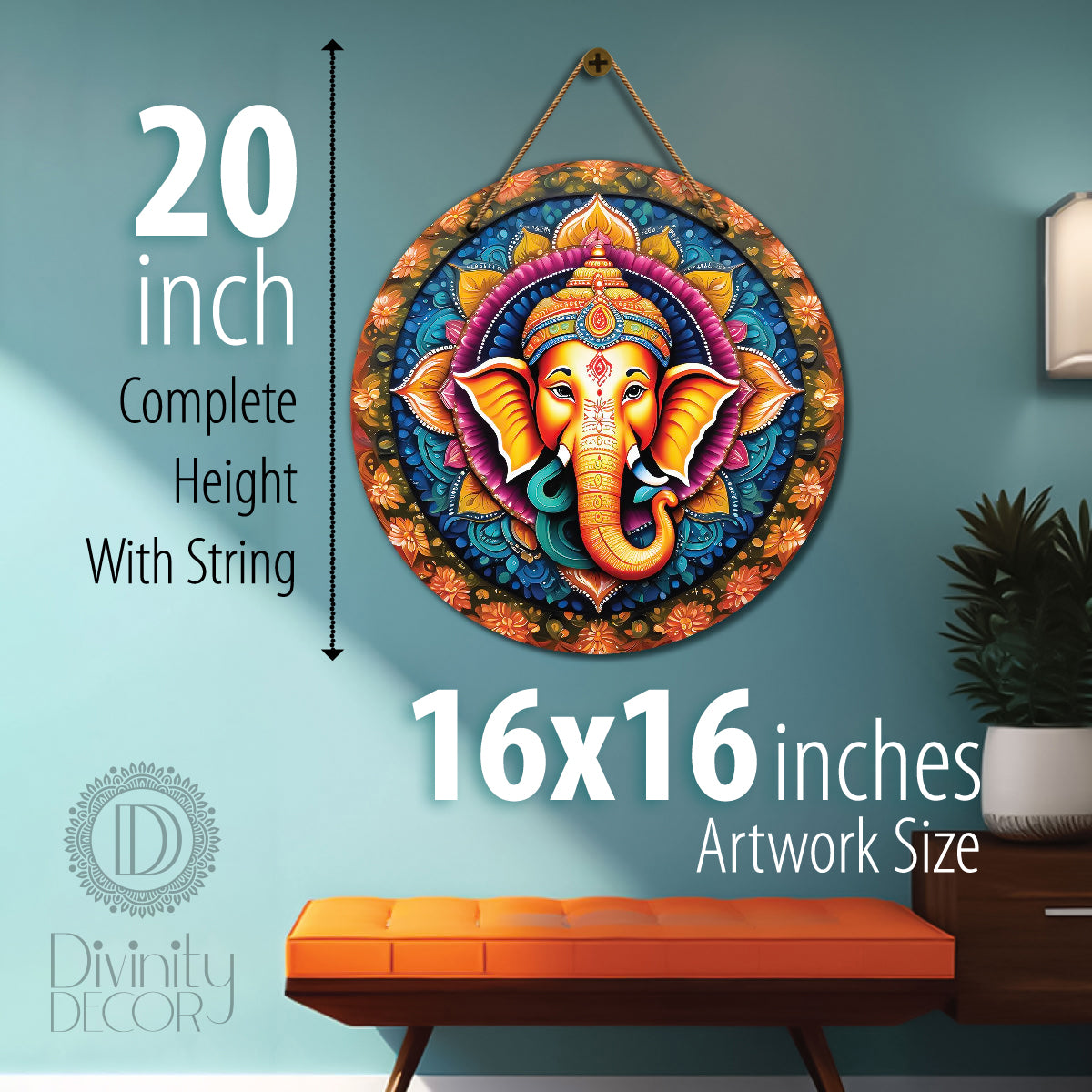Ganesh Ji in green and brown mandala Round Wooden Wall Hanging for wall Décor - Design - 167