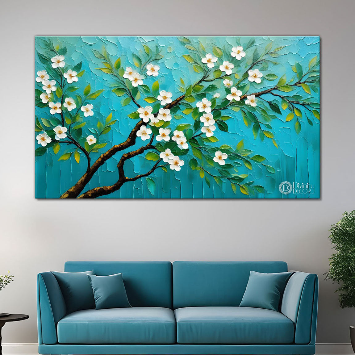 White flower tree in textured background oil painting- Design - Tree-167