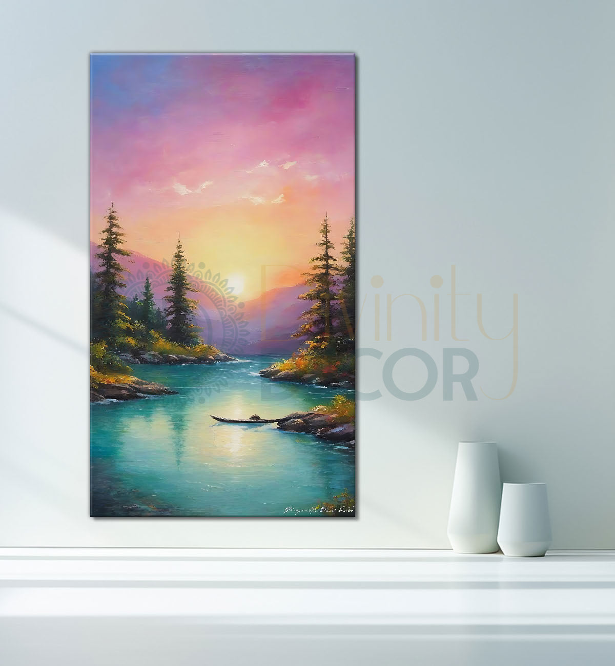 Mountains with tree, pink sky and lake in textured water colour painting Canvas Painting - Nature Art -V-167