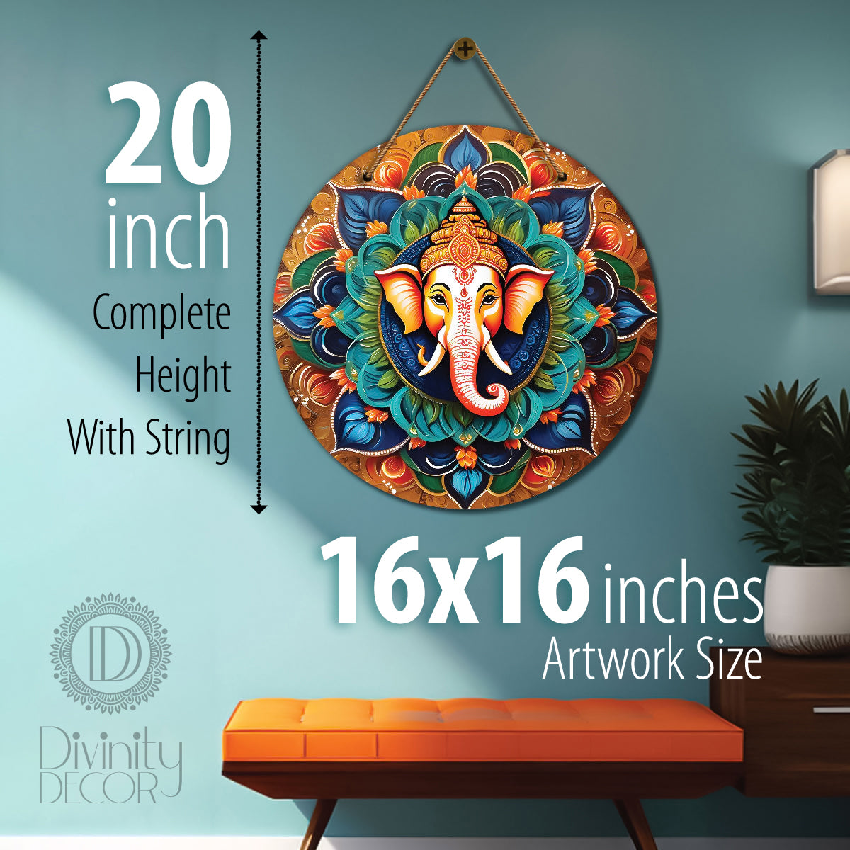 Ganesh Ji in green and brown mandala Round Wooden Wall Hanging for wall Décor - Design - 168