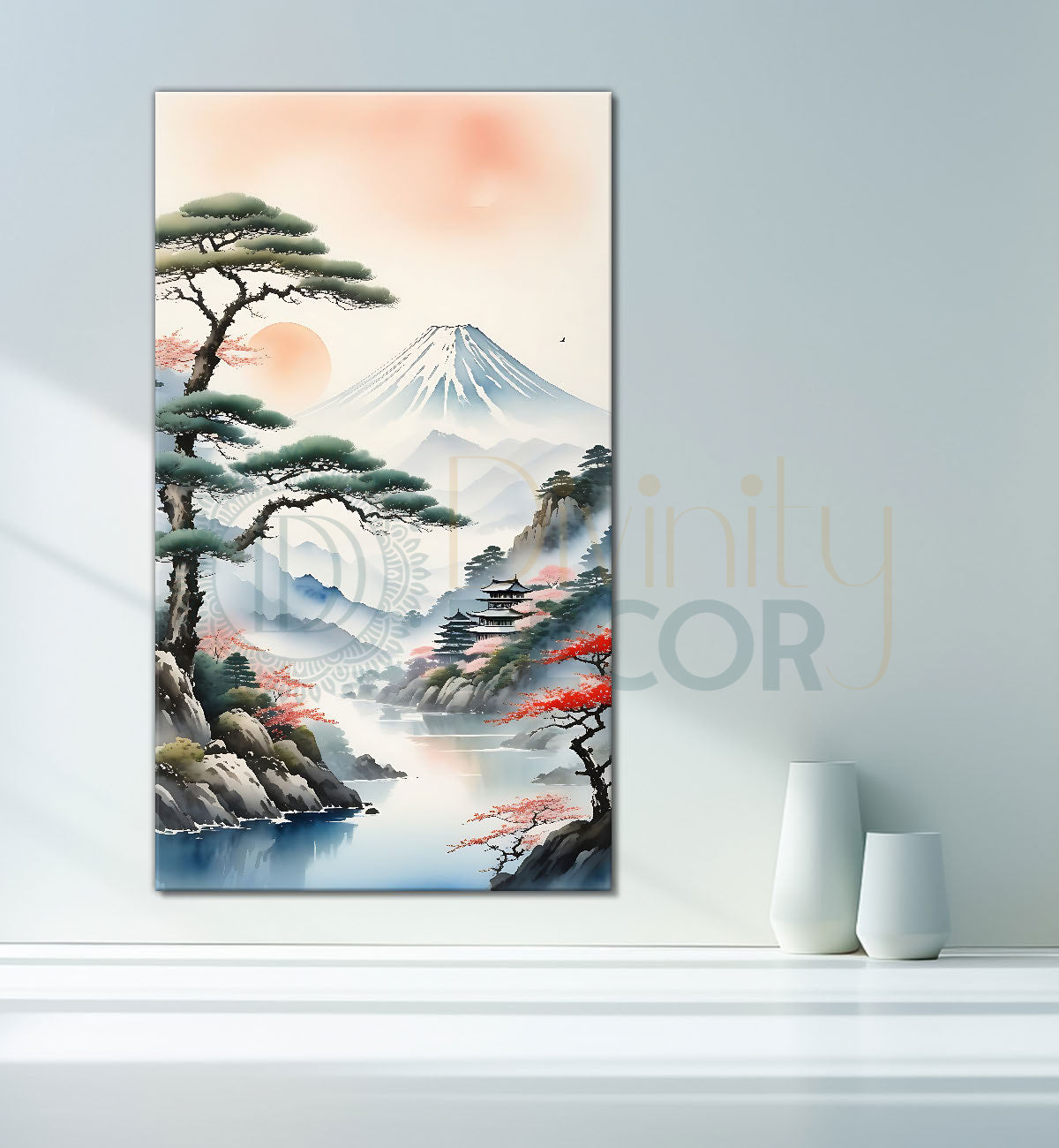 Mountains with tree and clouds in textured water painting Canvas Painting - Nature Art -V-168