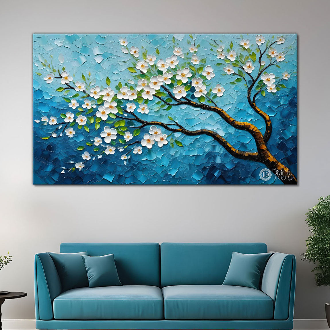 White flower tree in textured background oil painting- Design - Tree-169