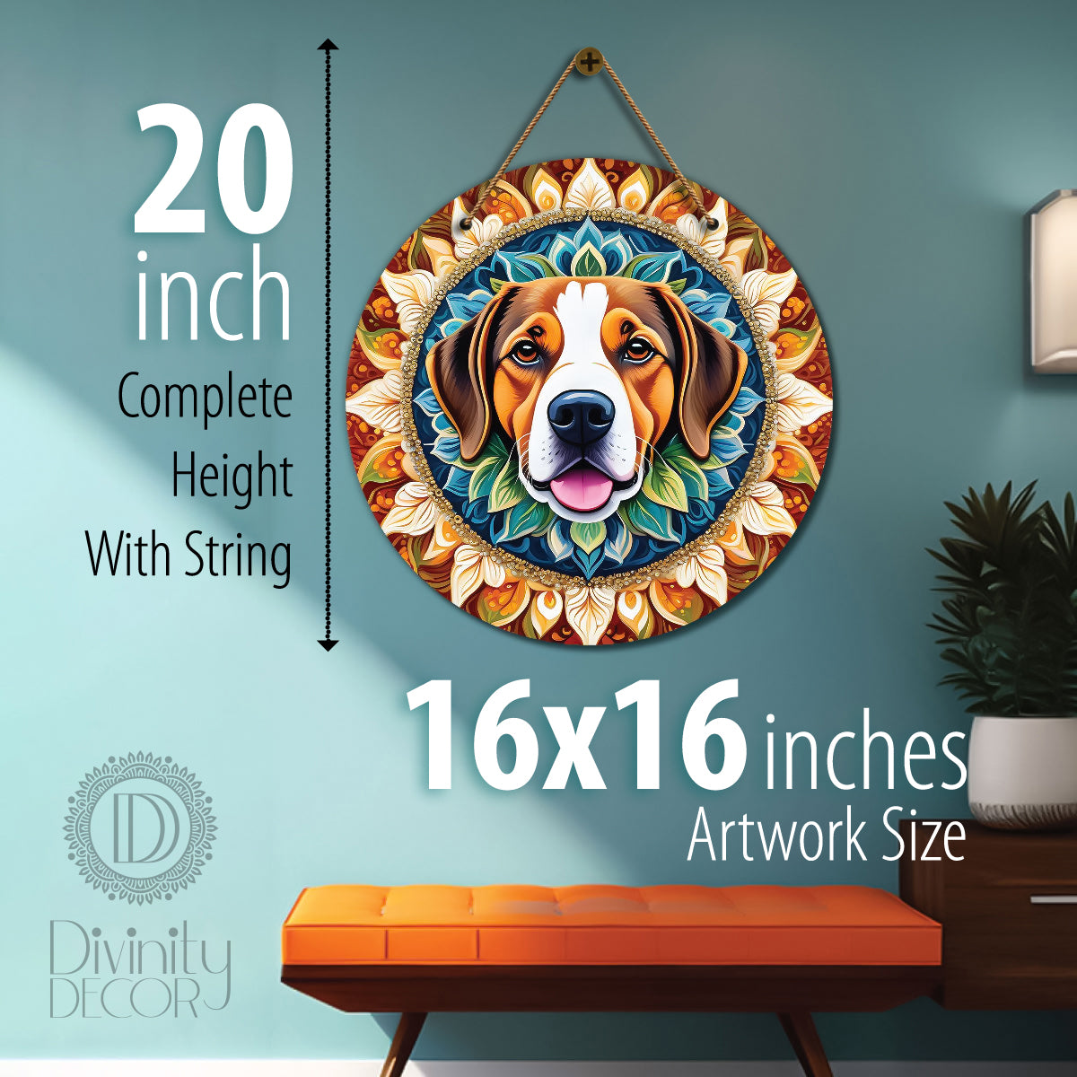 Dog in green and brown mandala Round Wooden Wall Hanging for wall Décor - Design - 169