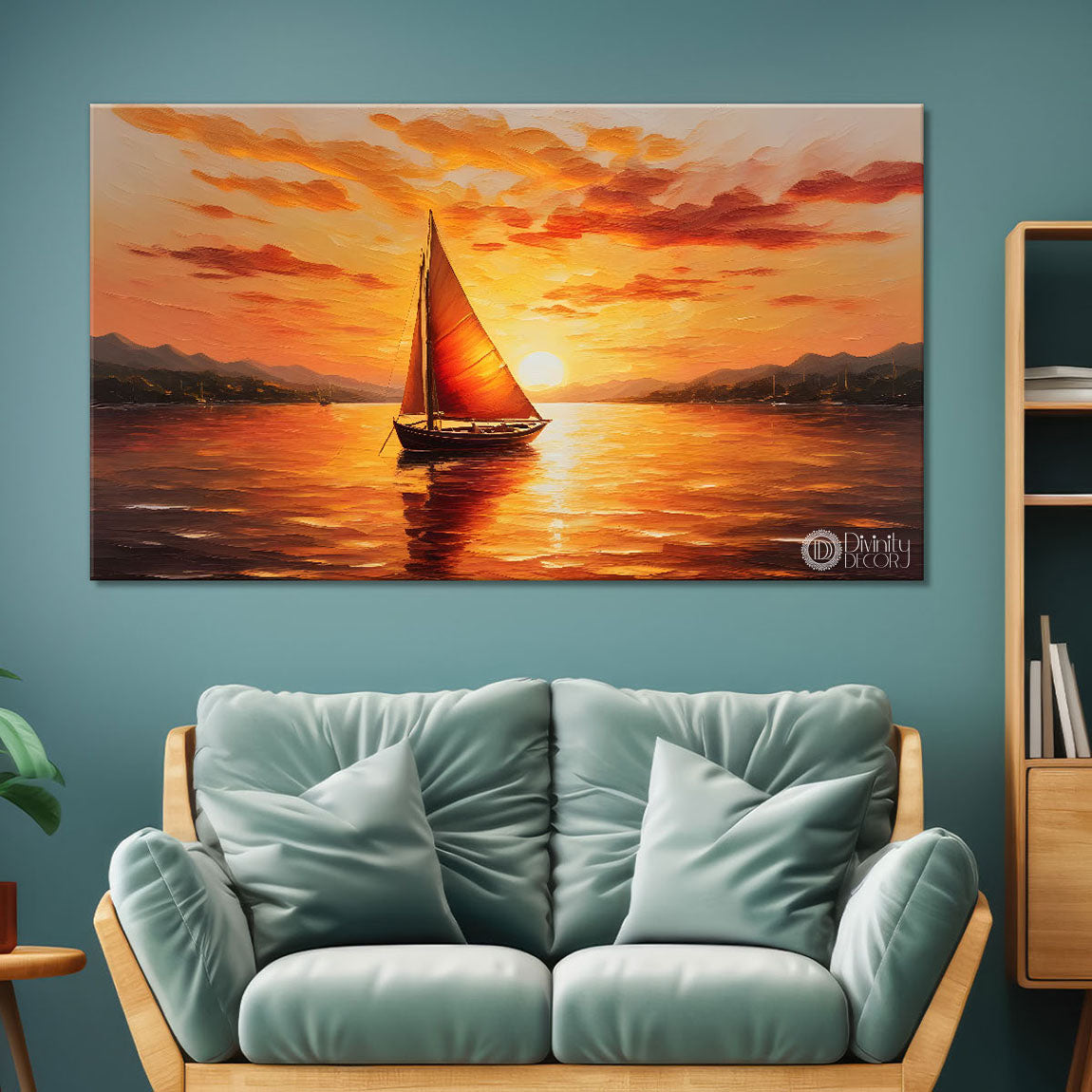 Boat in sea with sunrise background  textured modern art canvas painting - Design - River-17