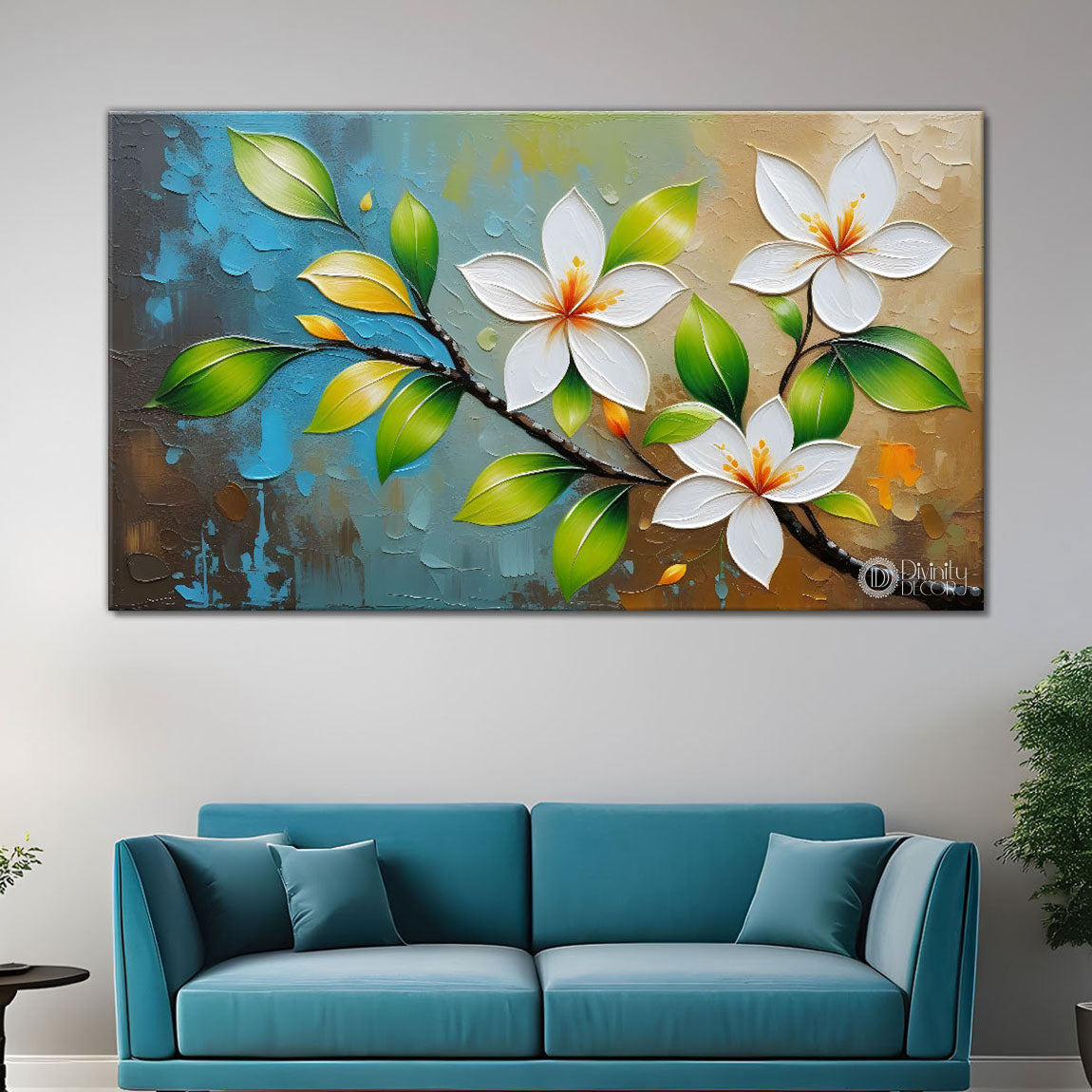 White flower tree in textured background oil painting- Design - Tree-170