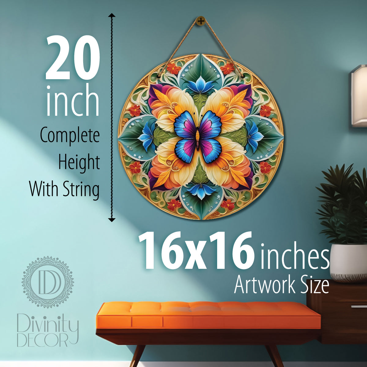 Butterfly in green and brown mandala Round Wooden Wall Hanging for wall Décor - Design - 170