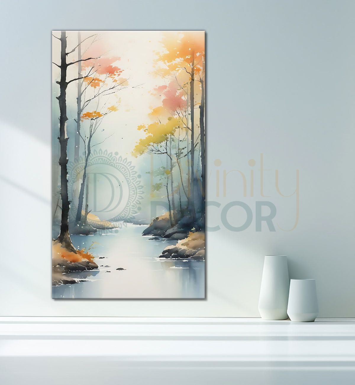 Trees with lake in textured natural water colour painting Canvas Painting - Nature Art -V-170