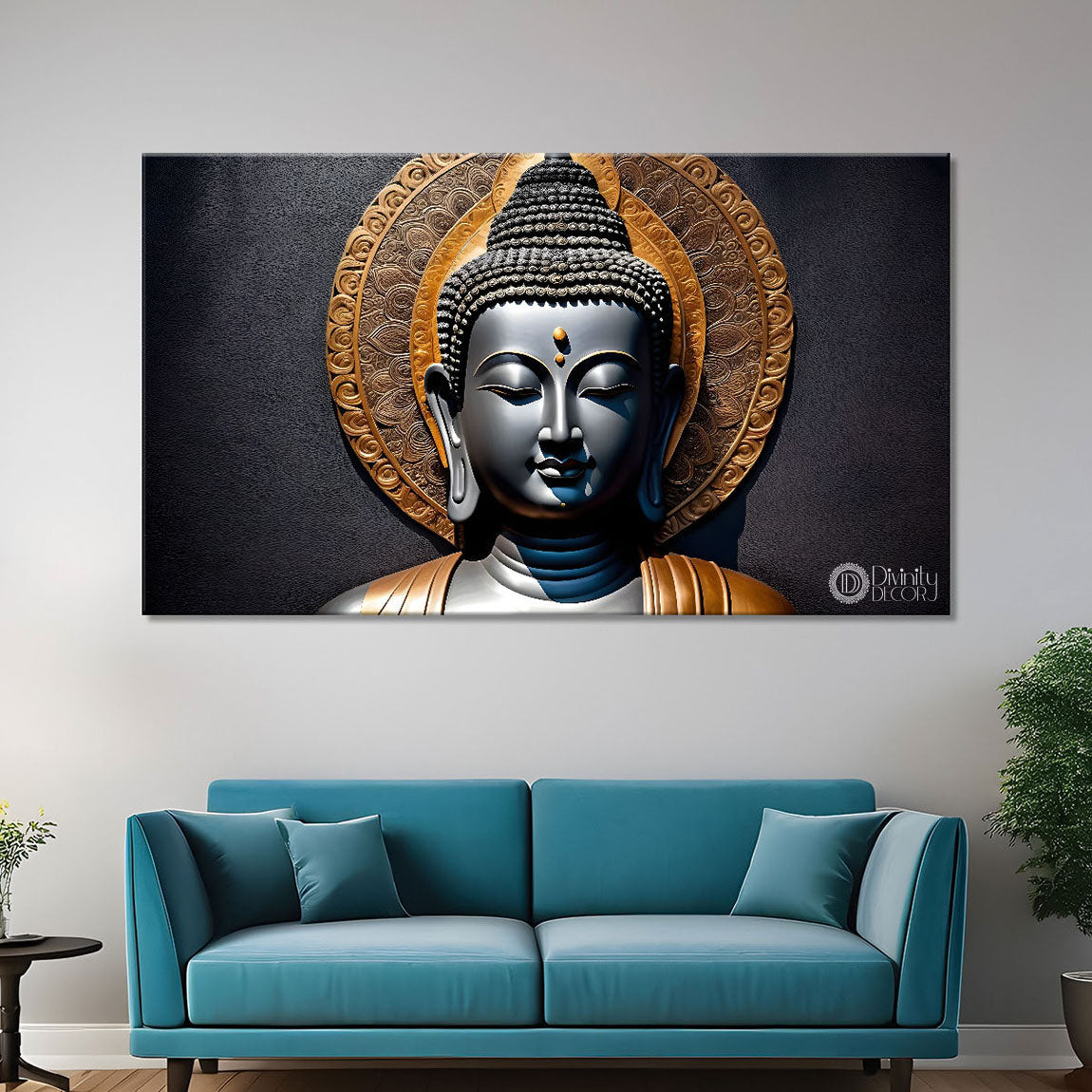 Grey buddha with dark background painting Canvas Wall Painting - Buddha-171