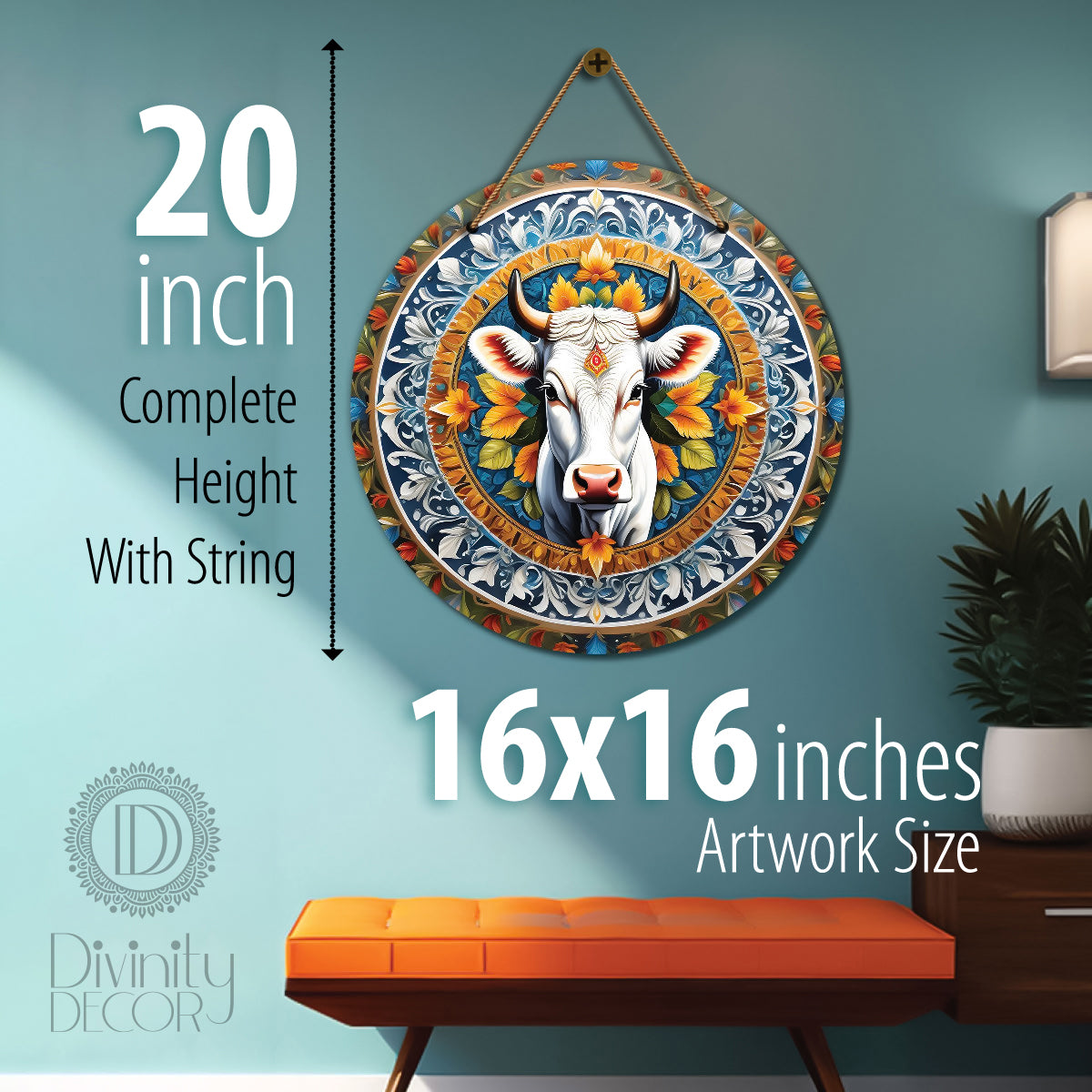 Cow in blue and brown mandala Round Wooden Wall Hanging for wall Décor - Design - 171
