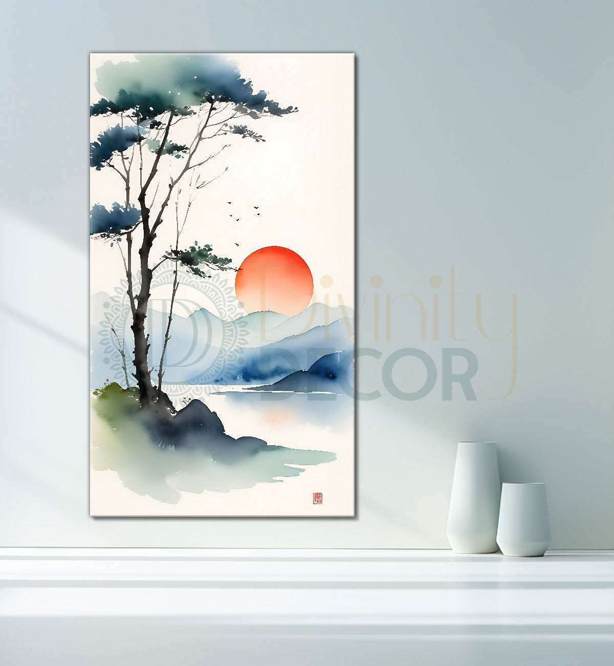 Mountains with tree and sunset in textured water colour painting Canvas Painting - Nature Art -V-172