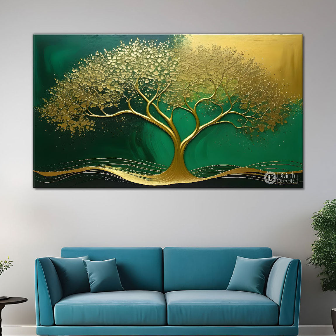 Golden tree in dark green textured background modern art- Design - Tree-172