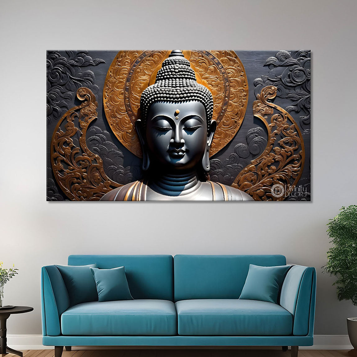 Grey buddha with dark background painting Canvas Wall Painting - Buddha-173