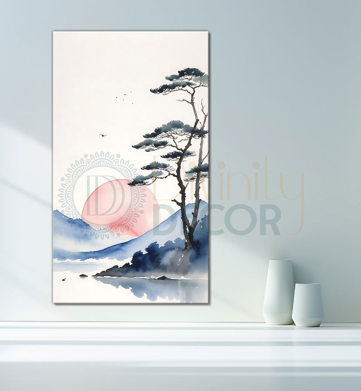 Mountains with trees and sun in textured natural water colour painting Canvas Painting - Nature Art -V-173
