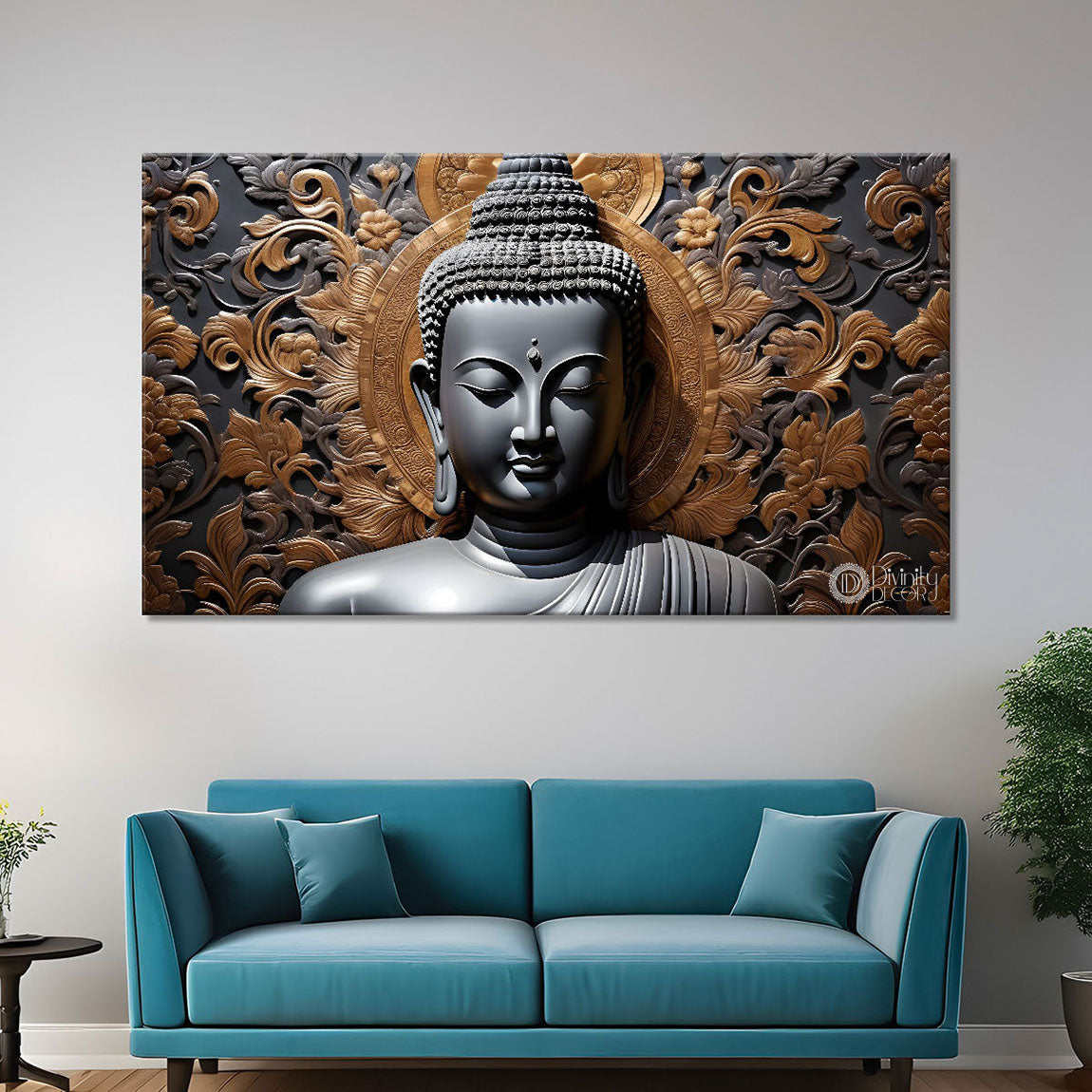 Grey buddha with dark background painting Canvas Wall Painting - Buddha-174