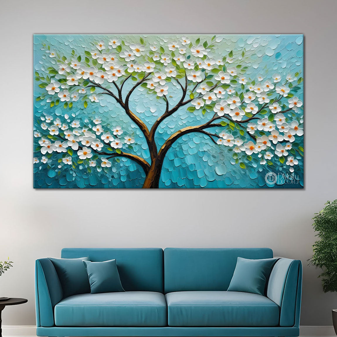White flower tree in textured background oil painting- Design - Tree-174
