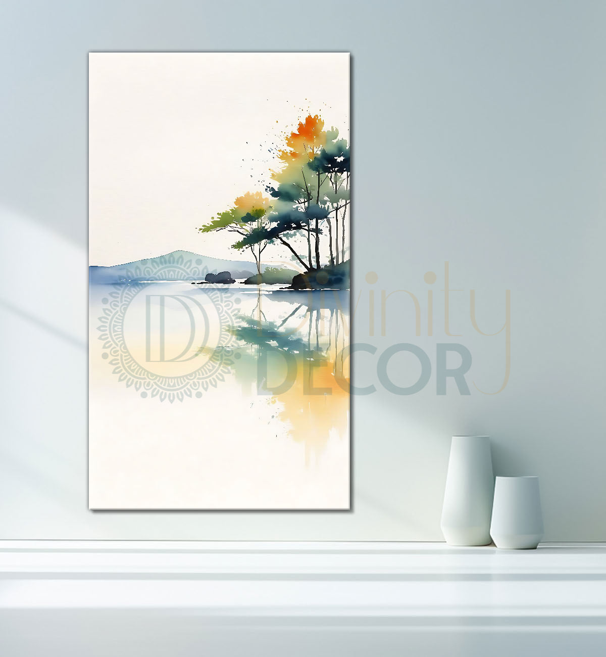 Mountains with lake and treesin textured water colour art Canvas Painting - Nature Art -V-174