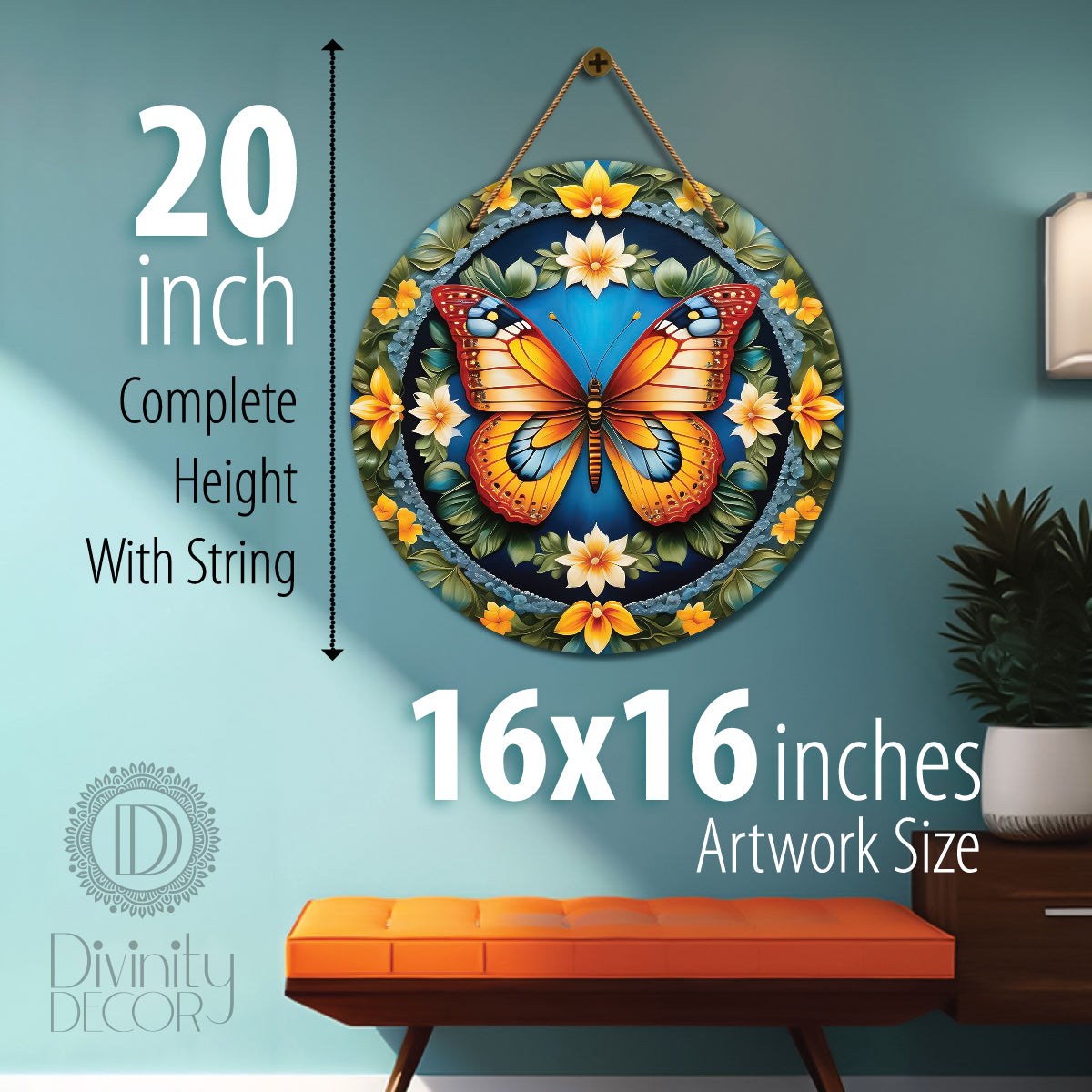 Butterfly in green and floral mandala Round Wooden Wall Hanging for wall Décor - Design - 174