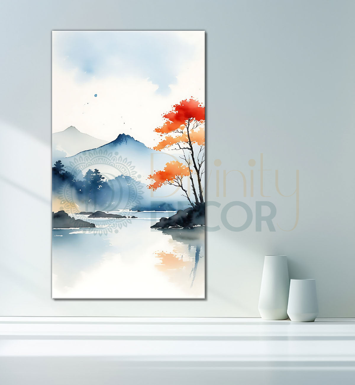 Mountains with orange trees in textured water colour art  Canvas Painting - Nature Art -V-175