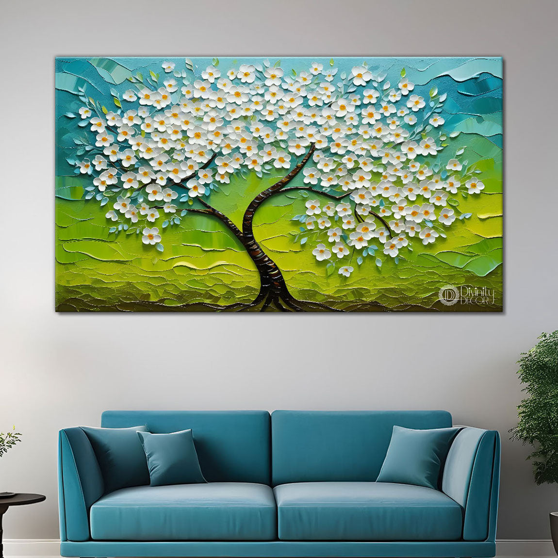 white flower tree in textured background oil painting- Design - Tree-175