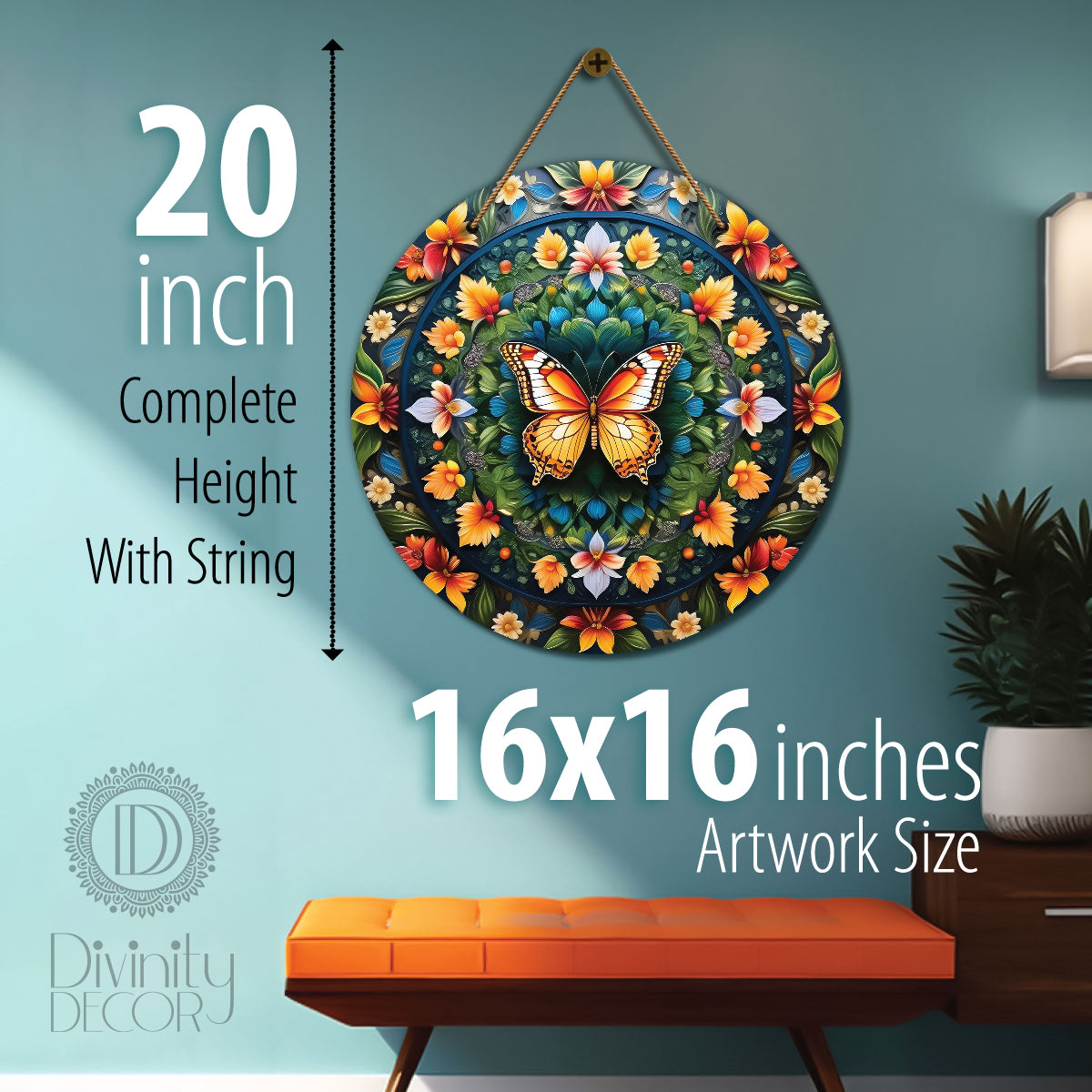 Butterfly in green and floral mandala Round Wooden Wall Hanging for wall Décor - Design - 176