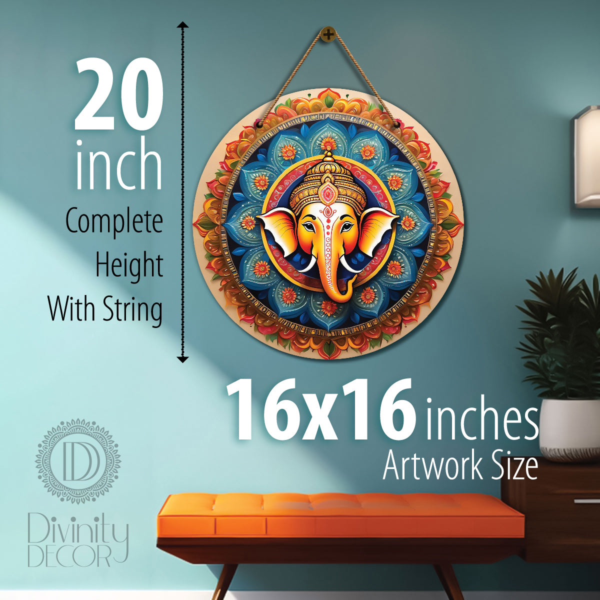 Ganesh Ji in blue and brown mandala Round Wooden Wall Hanging for wall Décor - Design - 177