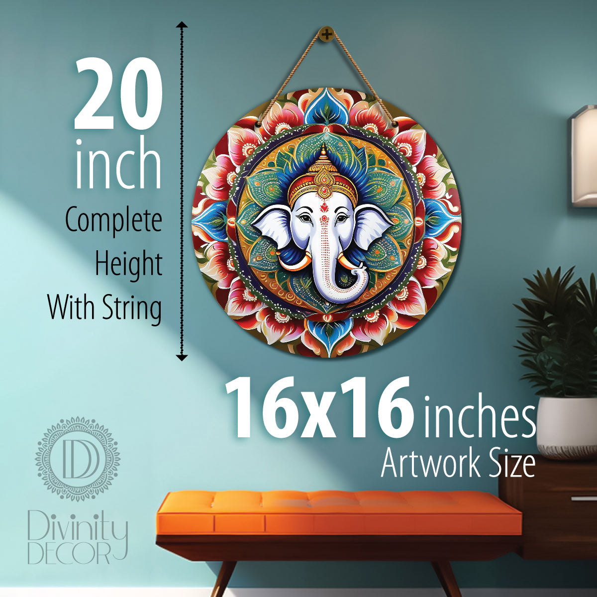 Ganesh Ji in blue and red mandala Round Wooden Wall Hanging for wall Décor - Design - 178