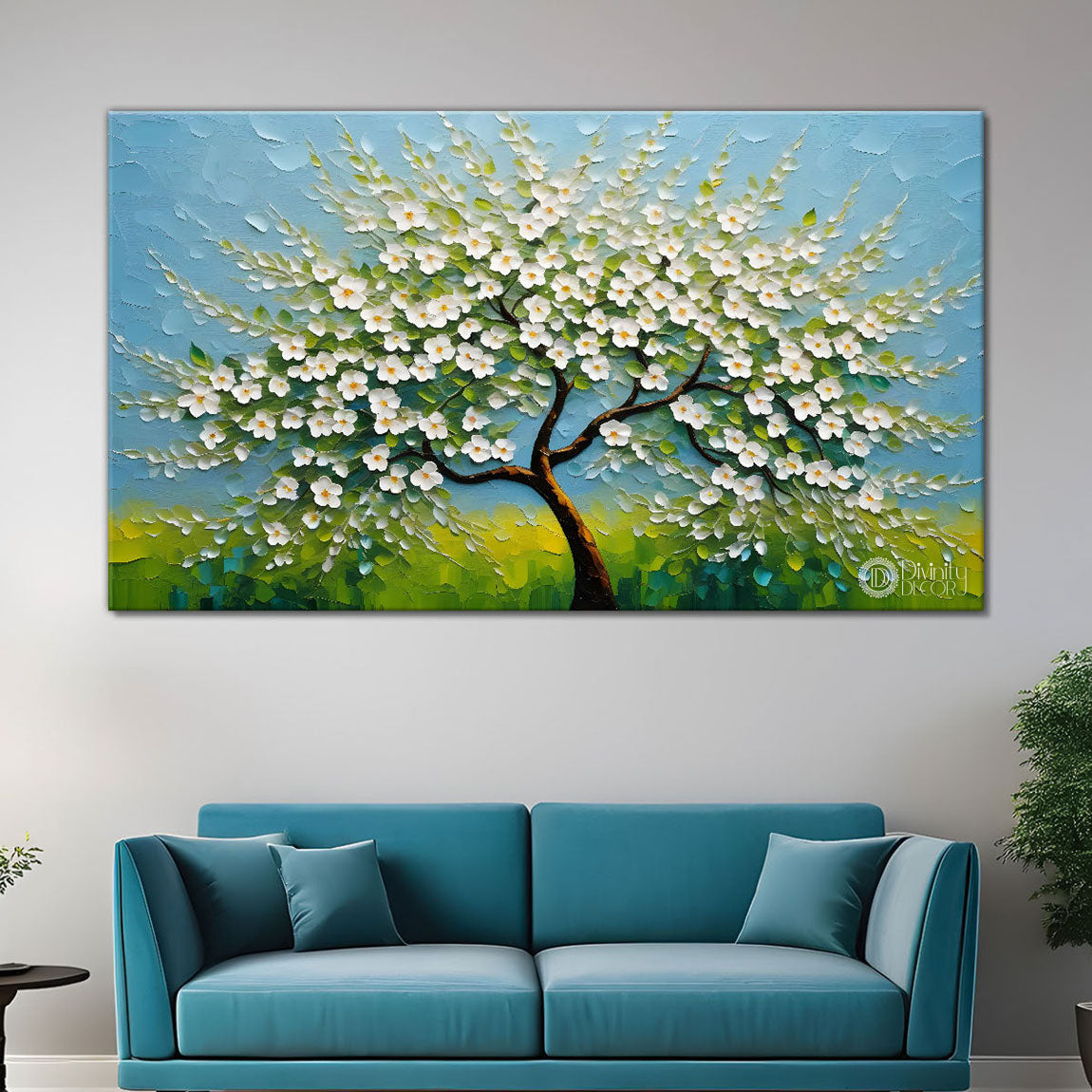 White flower tree in textured background oil painting- Design - Tree-179