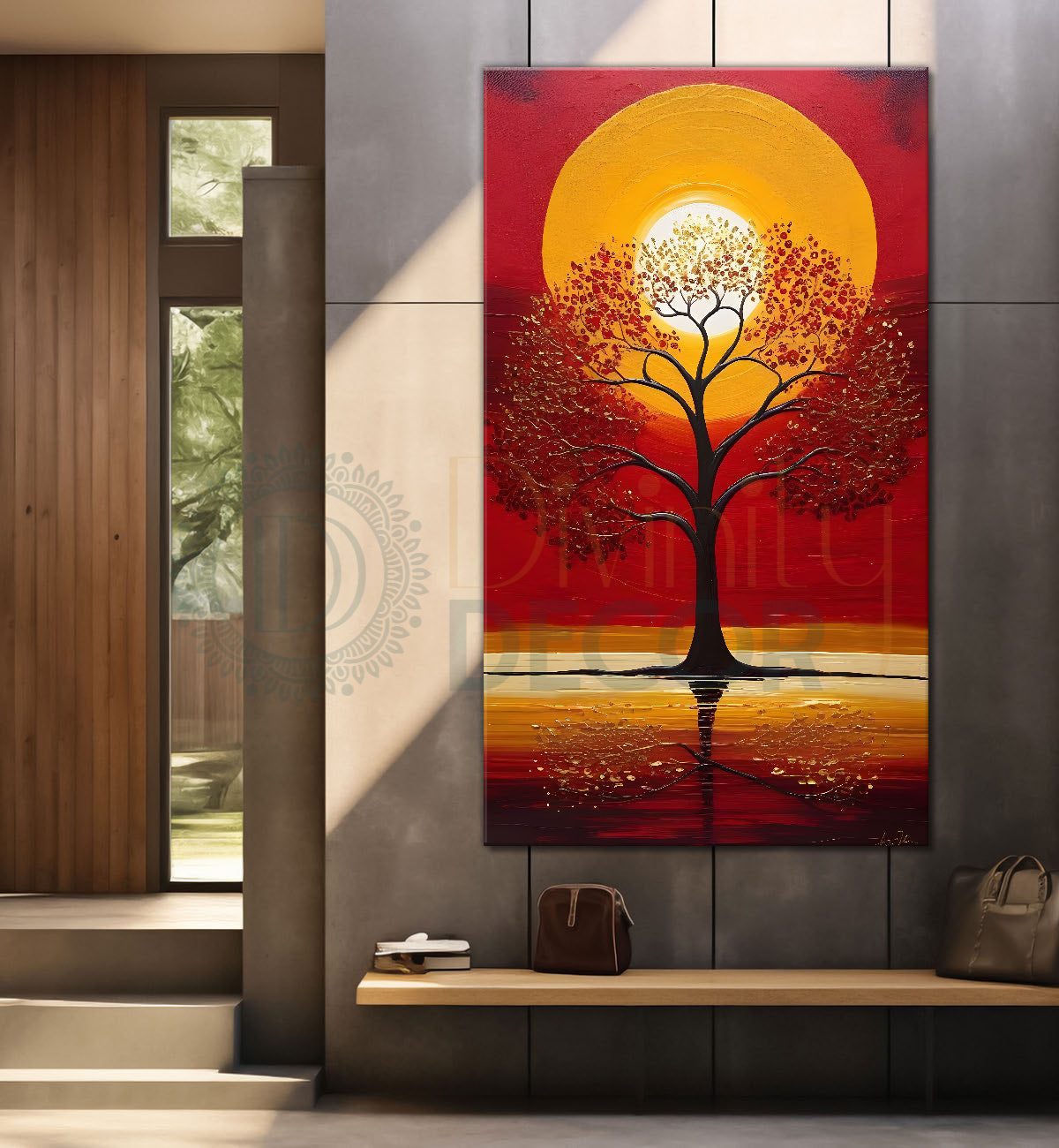 Red textured tree in front of sun with red textured oil painting Canvas painting - Tree-V-17