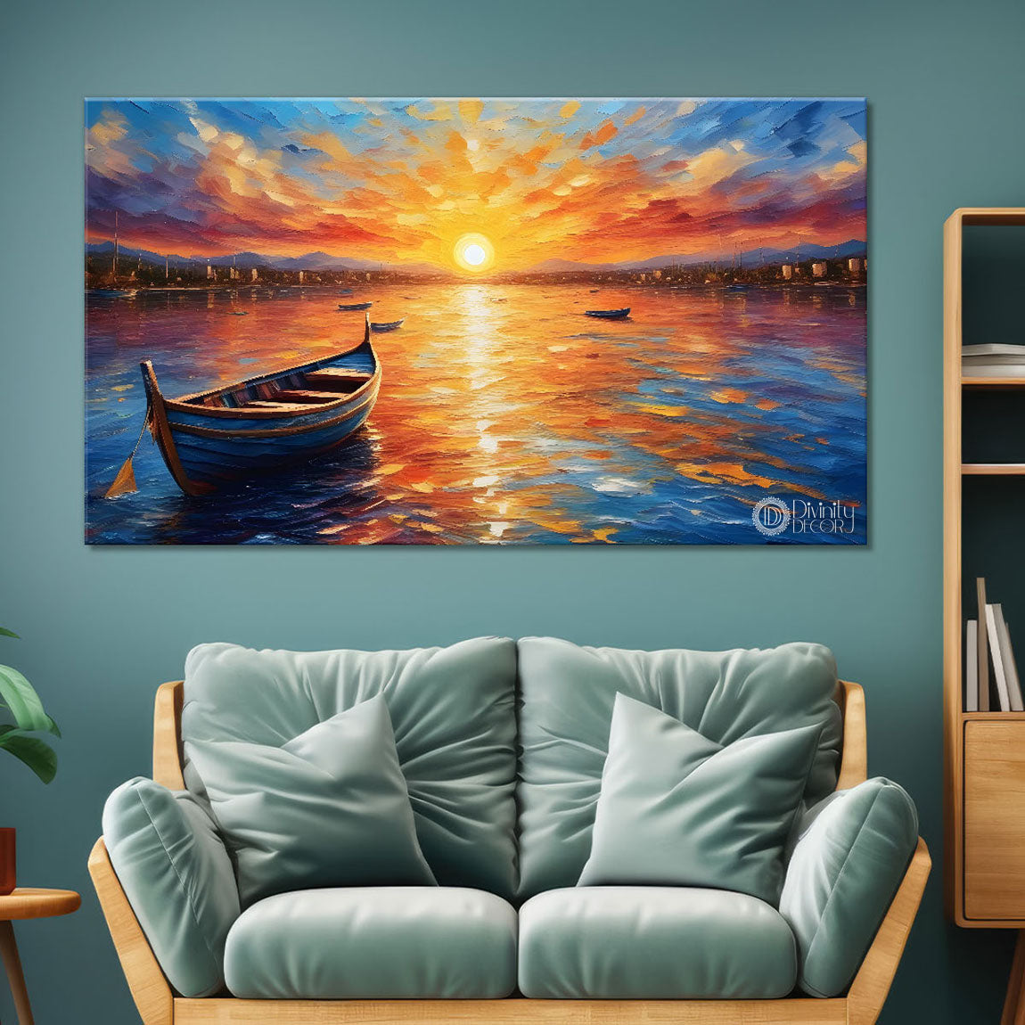 Boat in sea with sunrise background  textured modern art canvas painting - Design - River-18