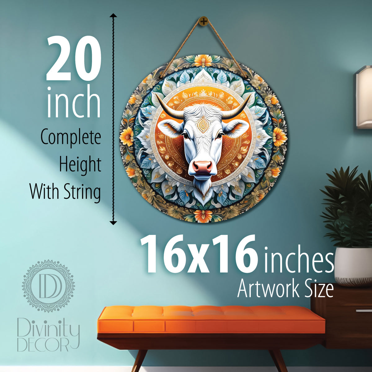 Cow in blue and yellow mandala Round Wooden Wall Hanging for wall Décor - Design - 180