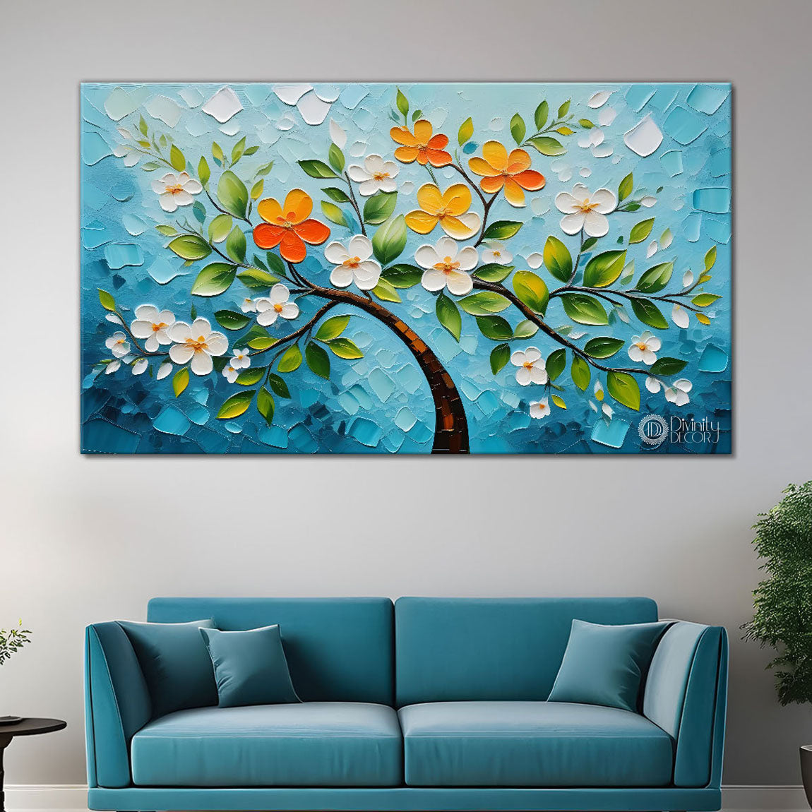 White flower tree in textured background oil painting- Design - Tree-181