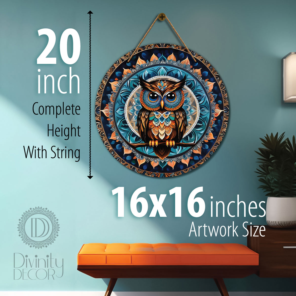 Owl in blue and golden mandala Round Wooden Wall Hanging for wall Décor - Design - 181