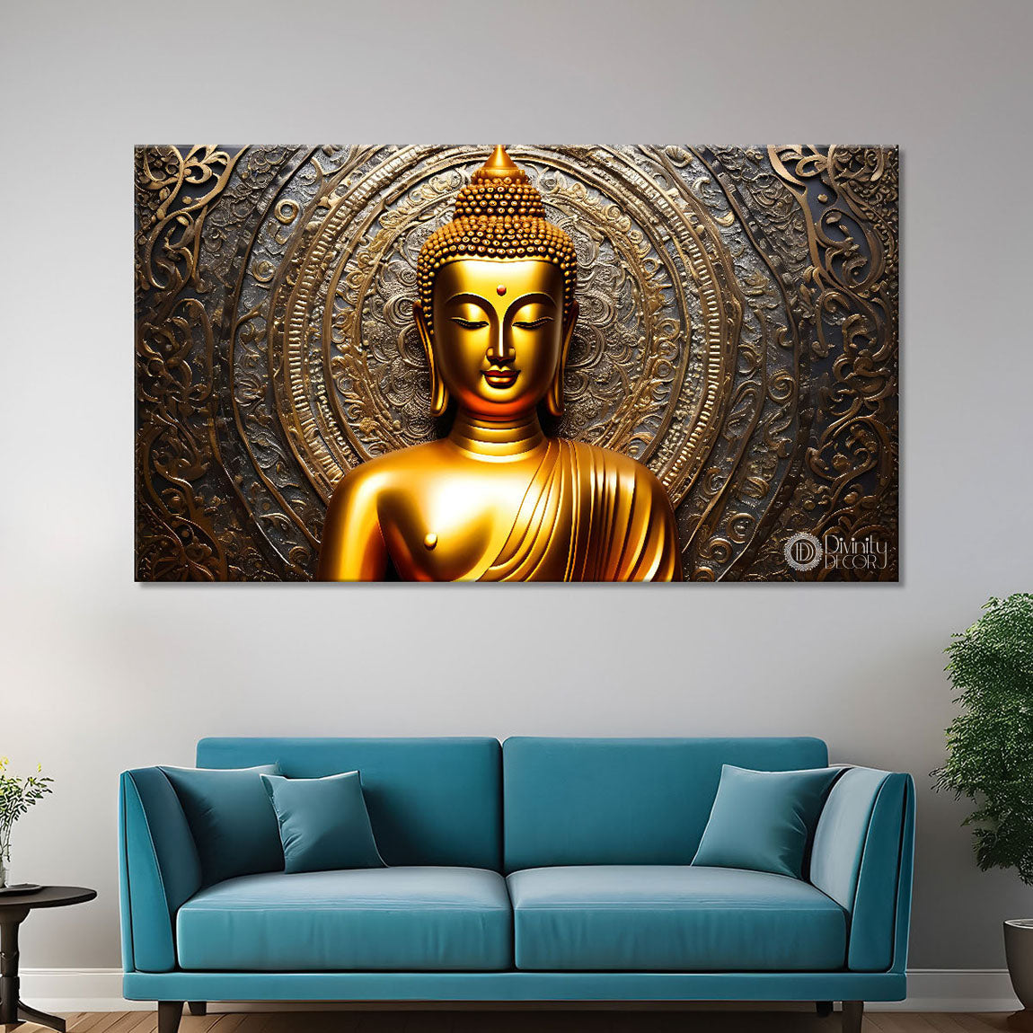 Golden buddha with grey  background painting Canvas Wall Painting - Buddha-182