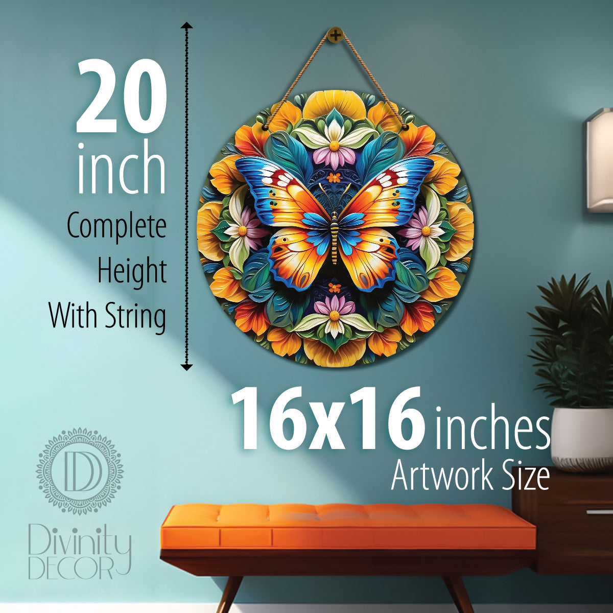 Butterfly in green and yellow mandala Round Wooden Wall Hanging for wall Décor - Design - 182