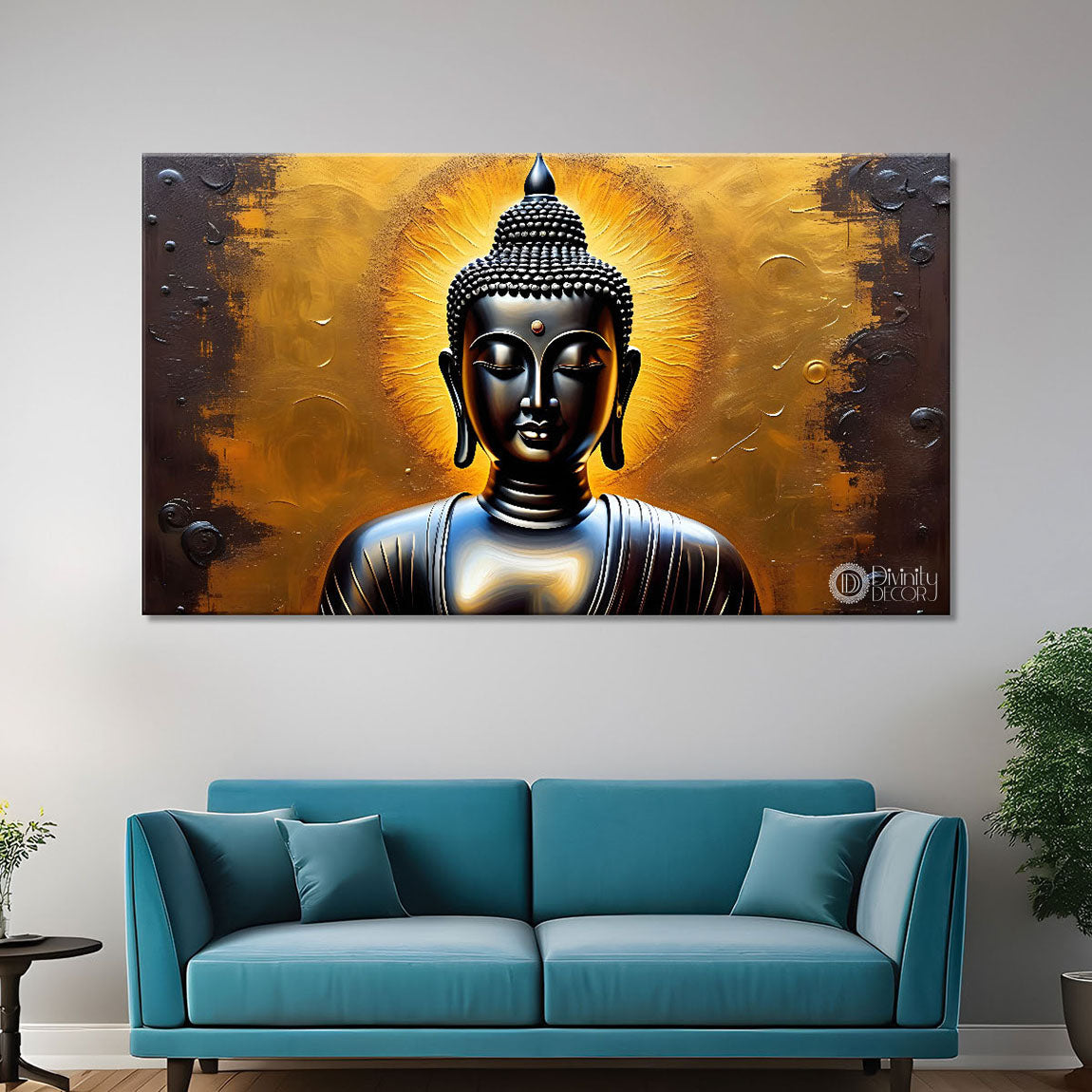 Grey buddha with golden background painting Canvas Wall Painting - Buddha-183