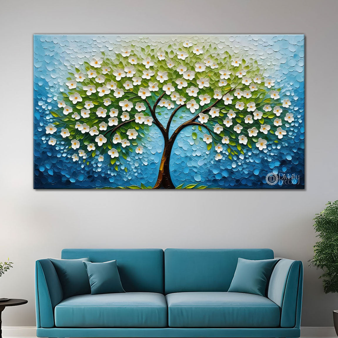 White flower tree in textured background oil painting- Design - Tree-184