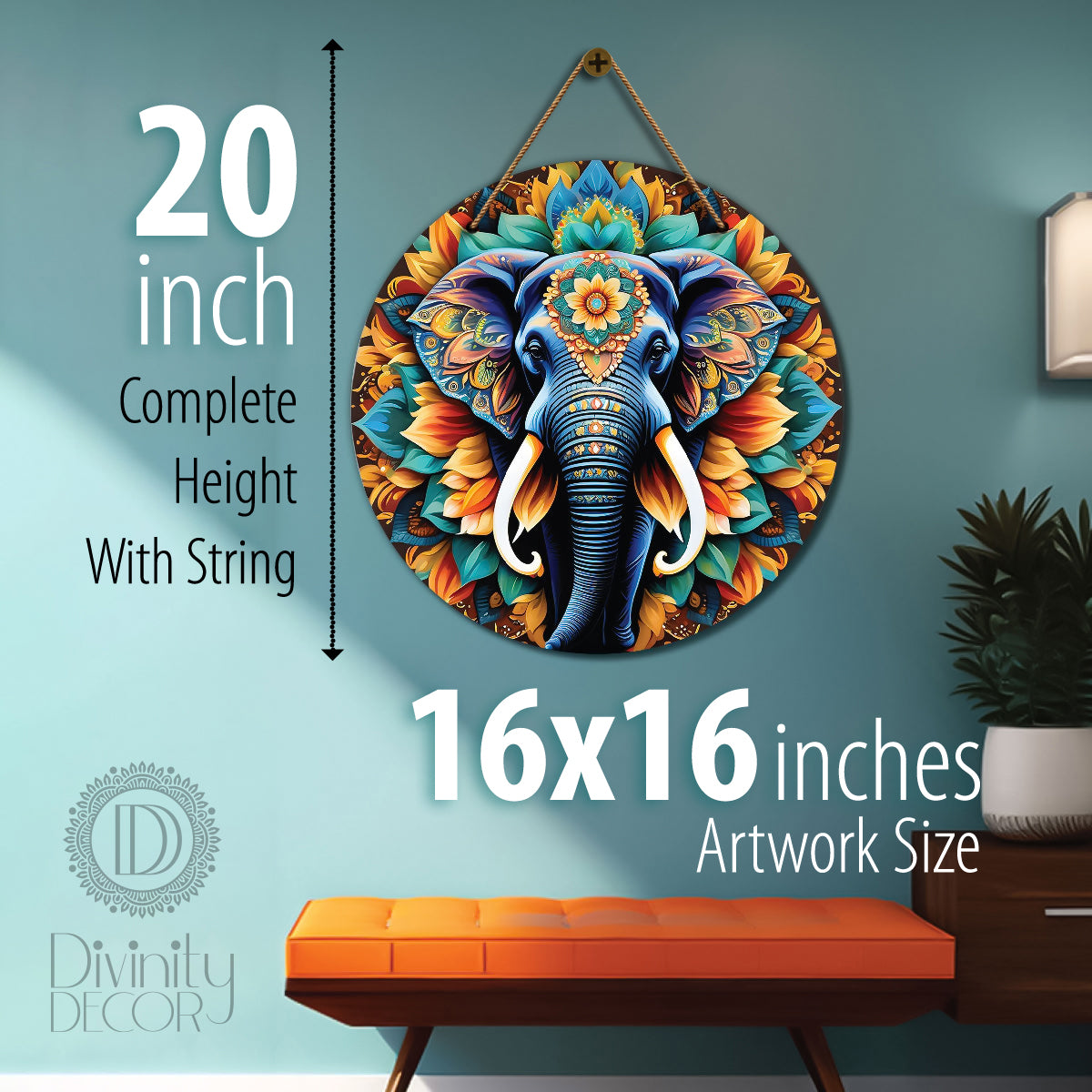 Elephant in green and yellow mandala Round Wooden Wall Hanging for wall Décor - Design - 185