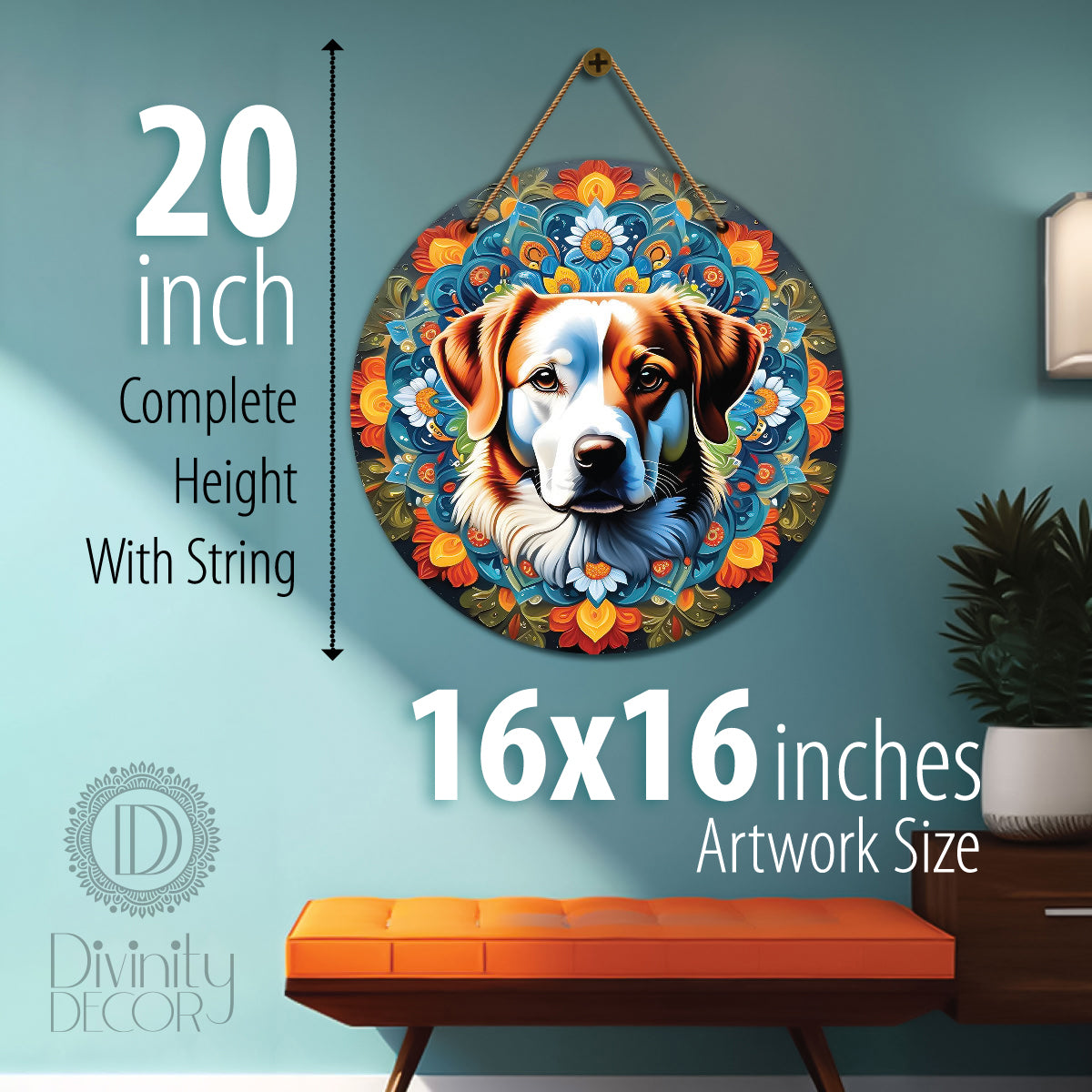 Dog in green and orange mandala Round Wooden Wall Hanging for wall Décor - Design - 186