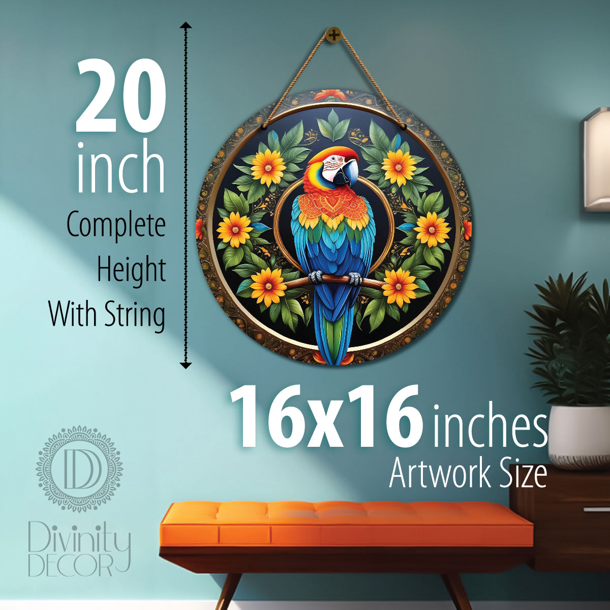 Parrot in green and yellow mandala Round Wooden Wall Hanging for wall Décor - Design - 187