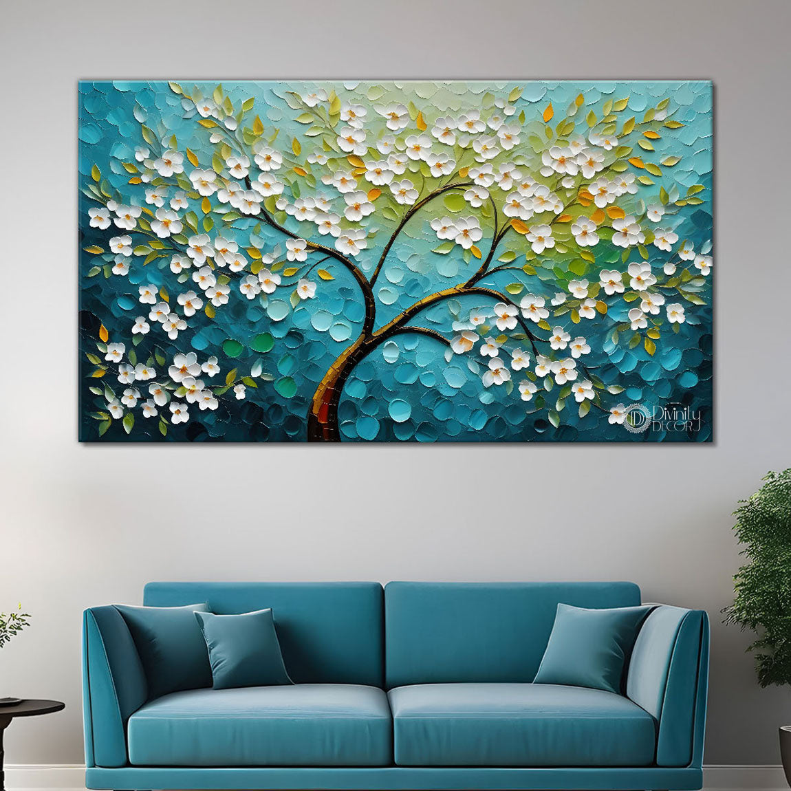 White flower tree in textured background oil painting- Design - Tree-188