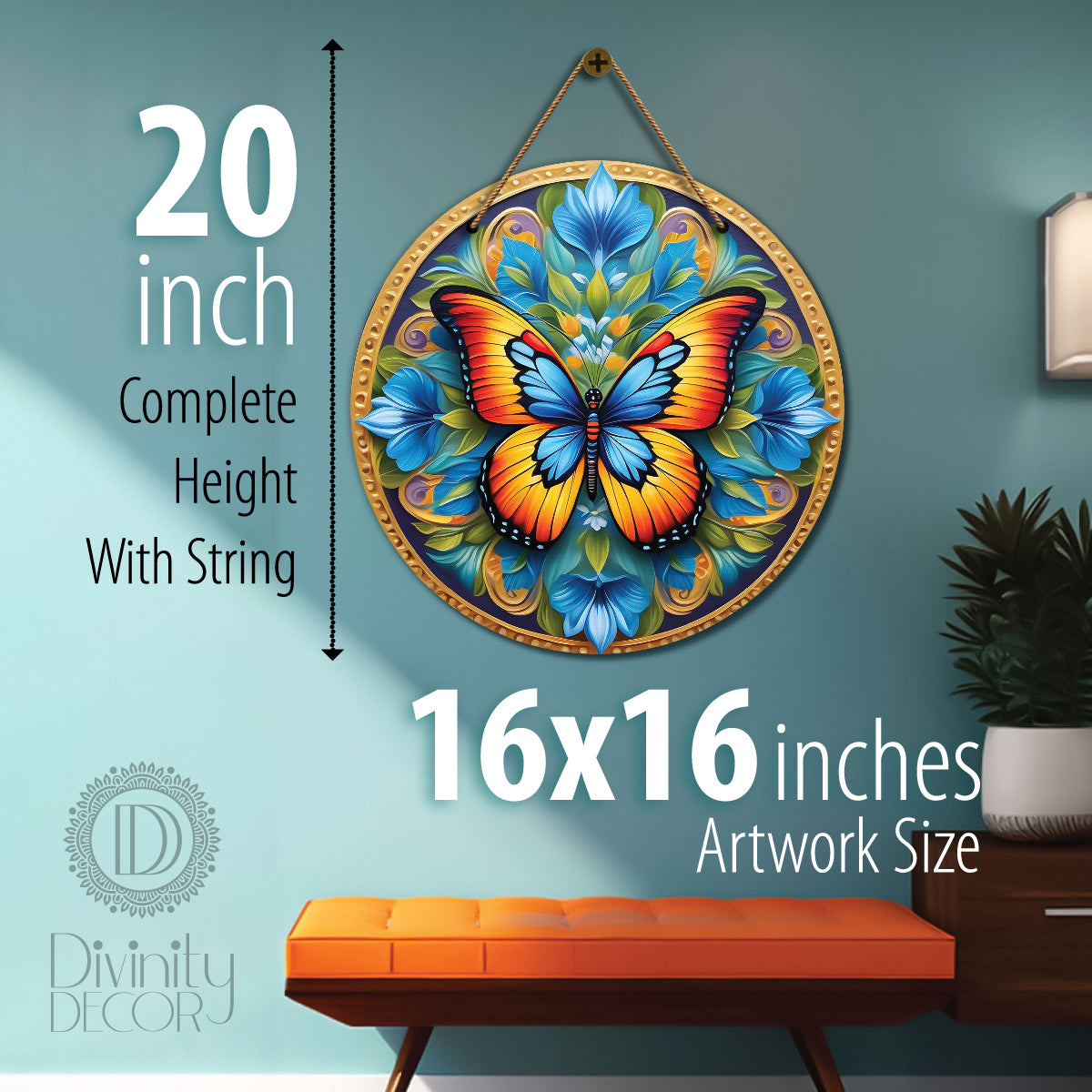 Butterfly in green and blue mandala Round Wooden Wall Hanging for wall Décor - Design - 188
