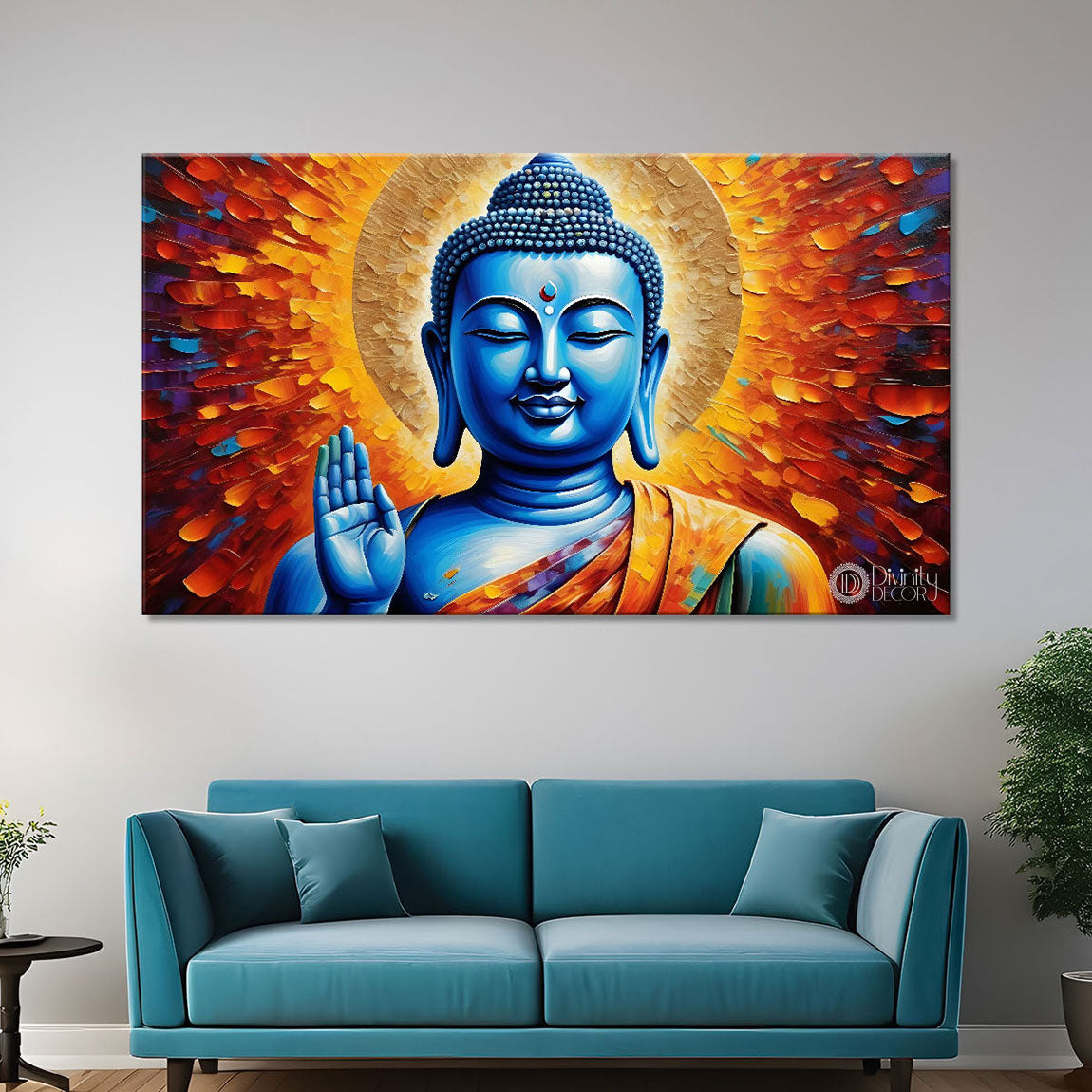 Blue buddha in orange background textured painting Canvas Wall Painting - Buddha-189