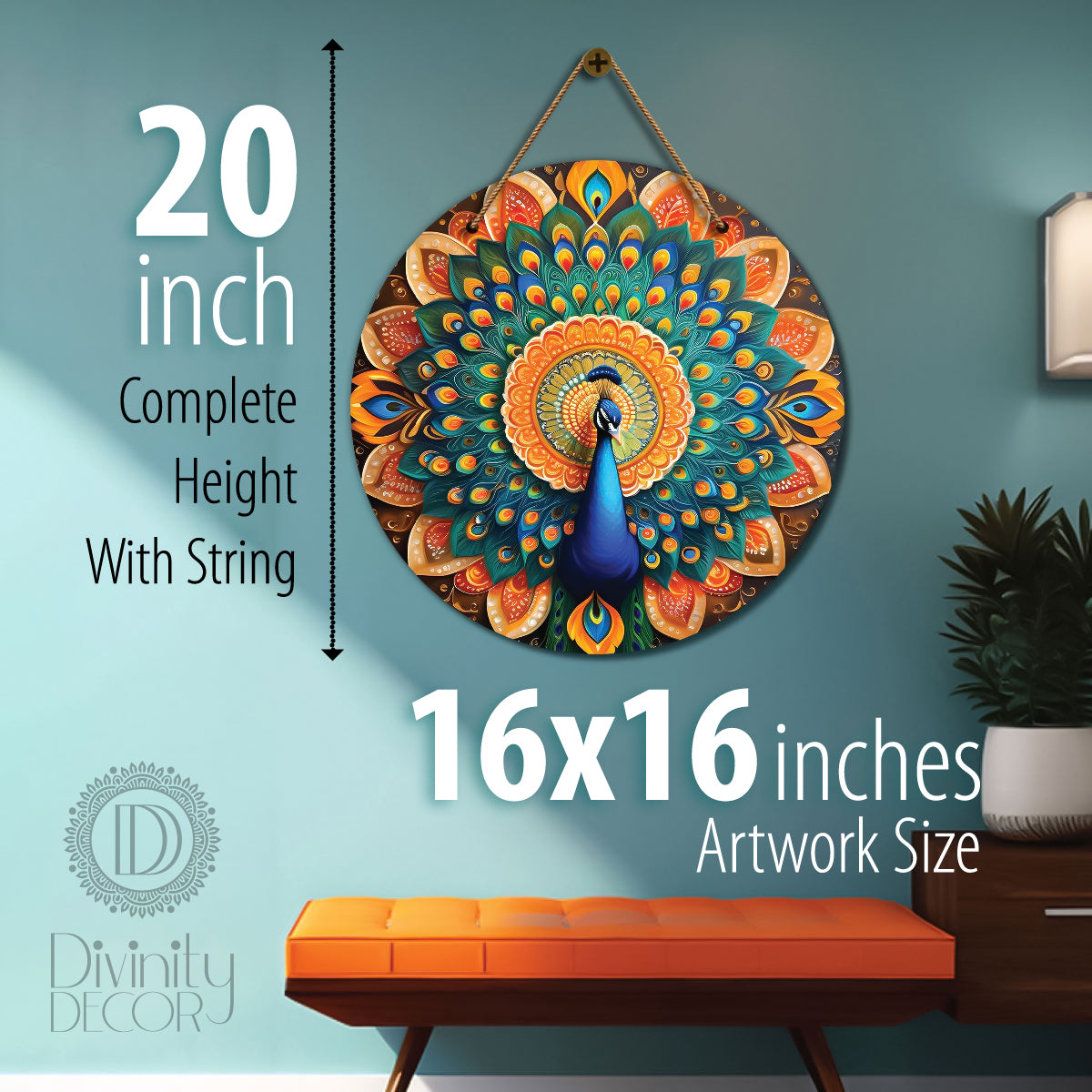 Peacock in green and orange mandala Round Wooden Wall Hanging for wall Décor - Design - 189