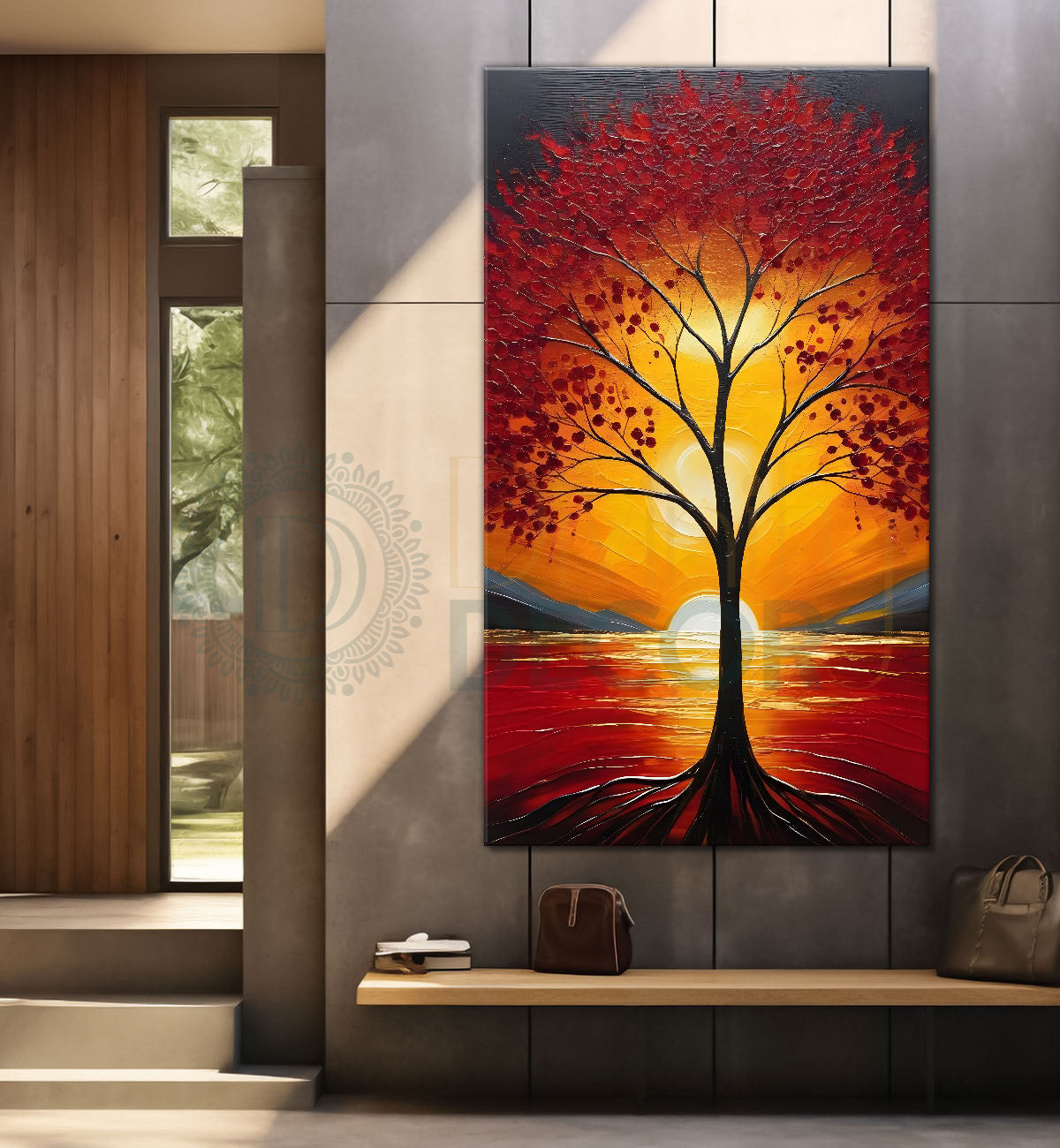 Red textured tree in front of sun with red textured oil painting Canvas painting - Tree-V-18