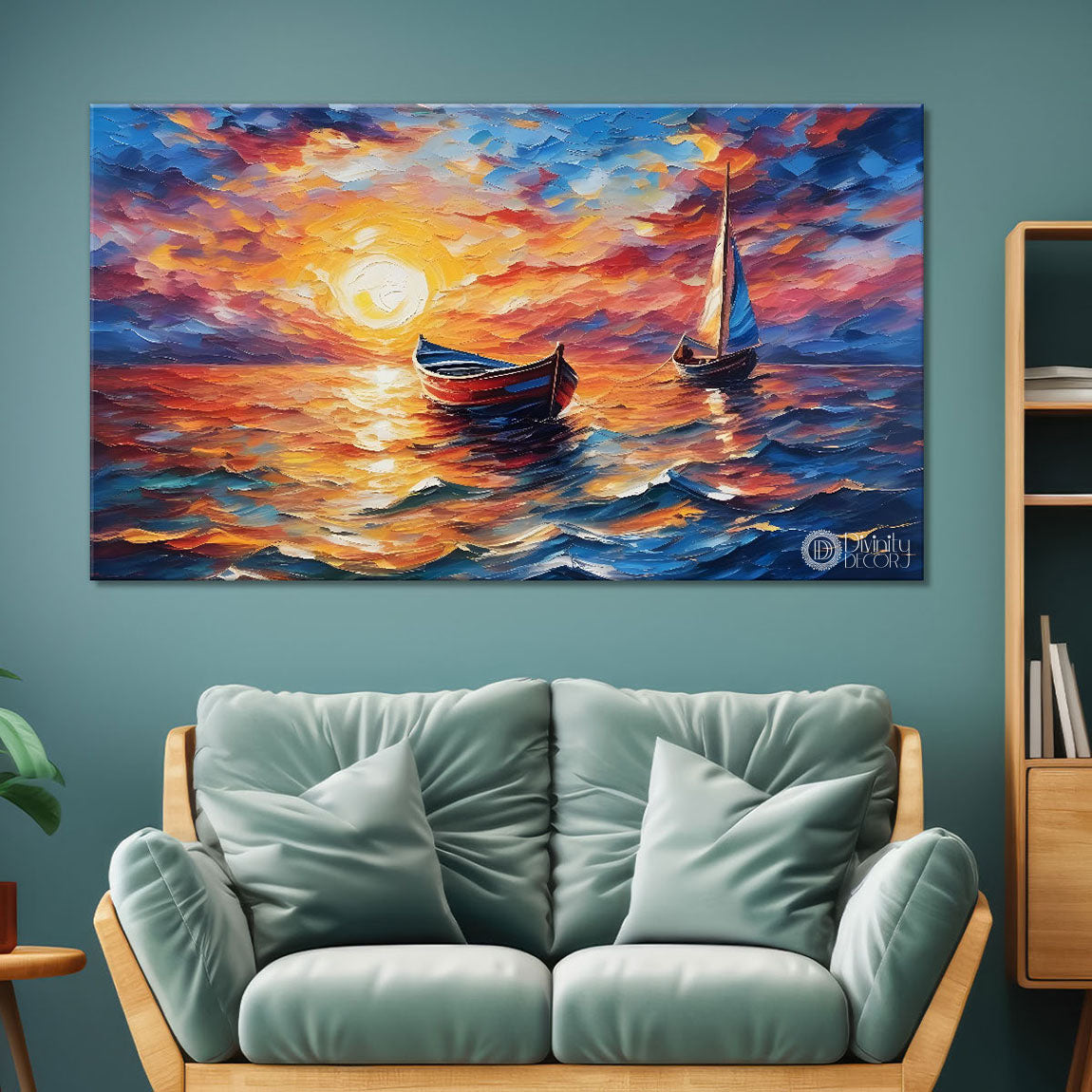 Boats in river with sunset background textured modern art canvas painting - Design - River-19
