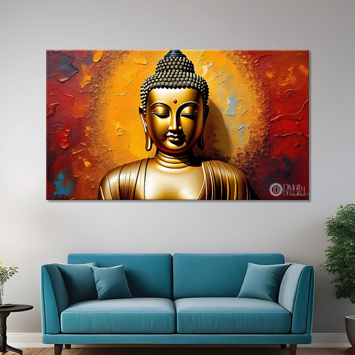 Golden buddha in orange background textured painting Canvas Wall Painting - Buddha-190